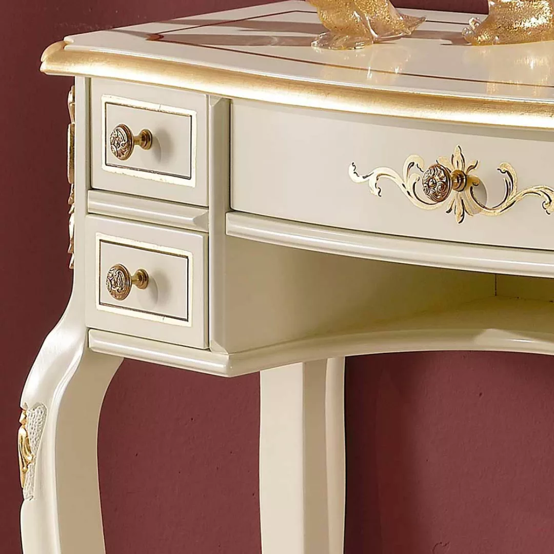 Barock Design Schreibtisch in Weiß und Goldfarben verziert fünf Schubladen günstig online kaufen