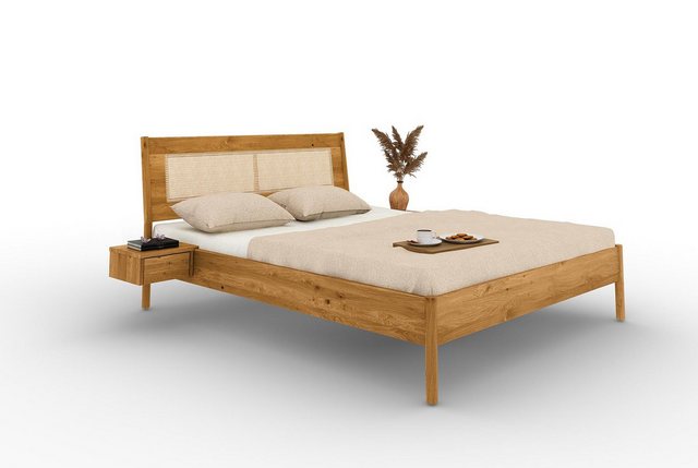 Natur24 Einzelbett Bett Zola 2 Wildeiche massiv 100x190 Rattankopfteil und günstig online kaufen