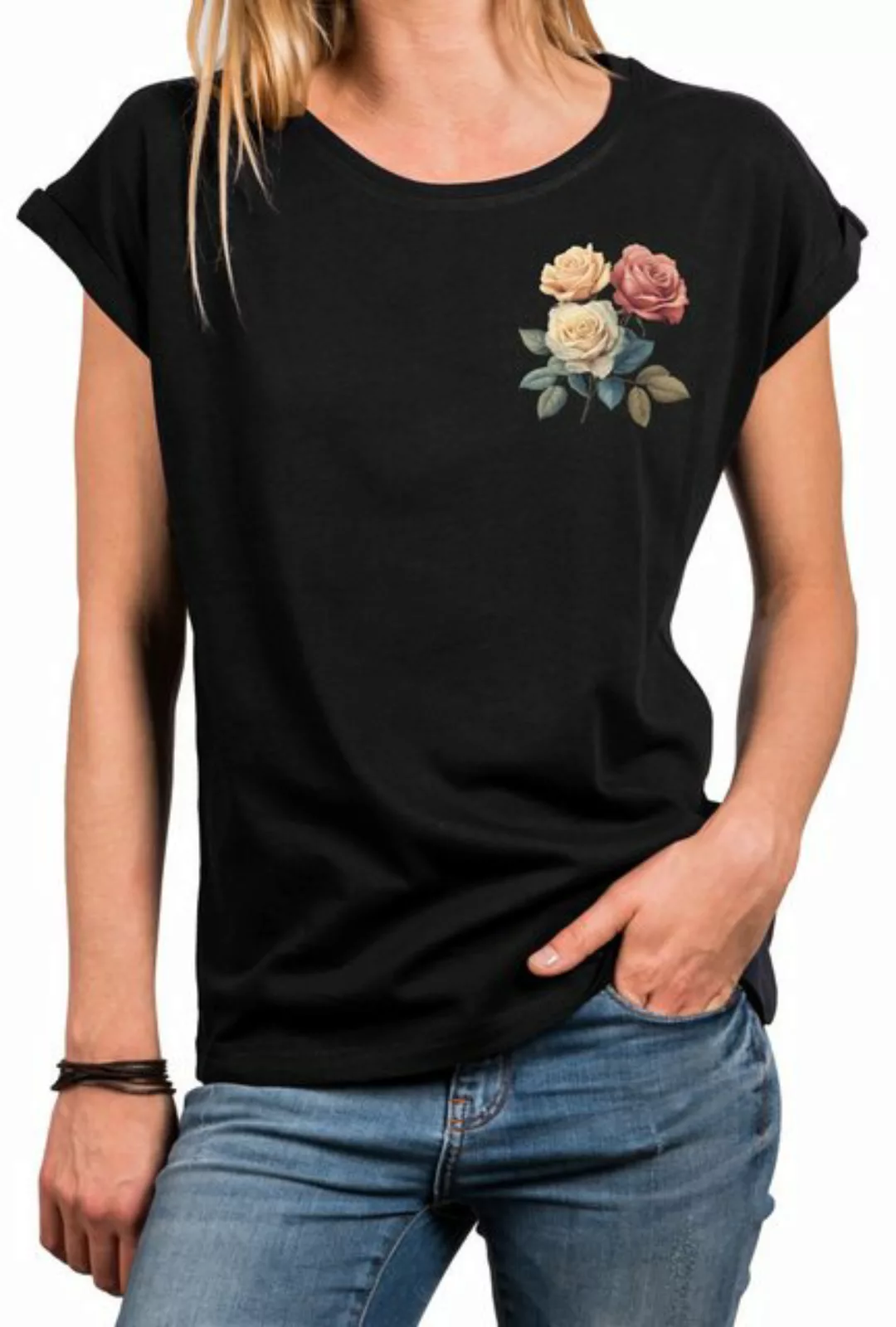 MAKAYA Print-Shirt mit Rosenmotiv Damen Top Rosendruck Aufdruck Rose (Weiß, günstig online kaufen