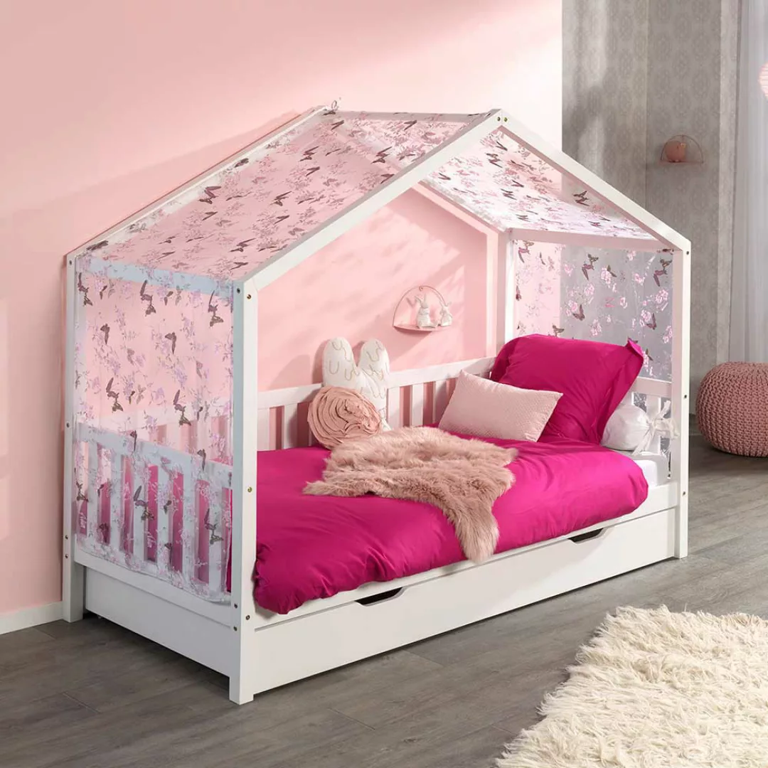 Kiefer Kinderbett in Haus Optik Vorhang günstig online kaufen