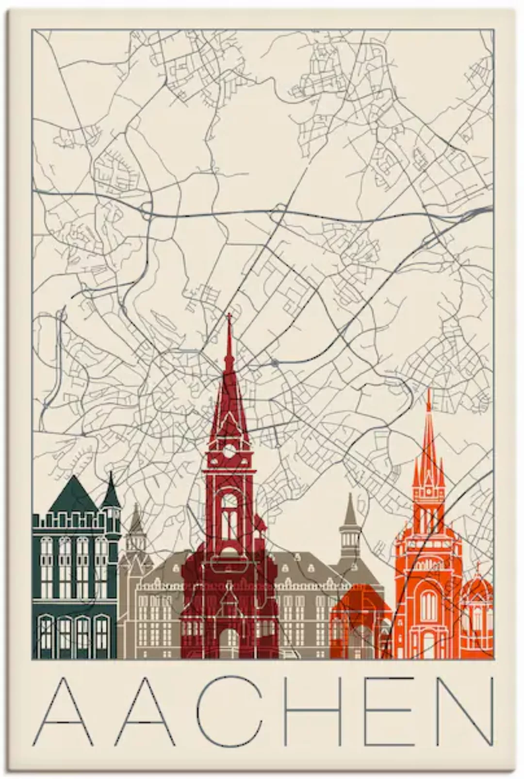 Artland Leinwandbild »Retro Karte Aachen«, Deutschland, (1 St.), auf Keilra günstig online kaufen