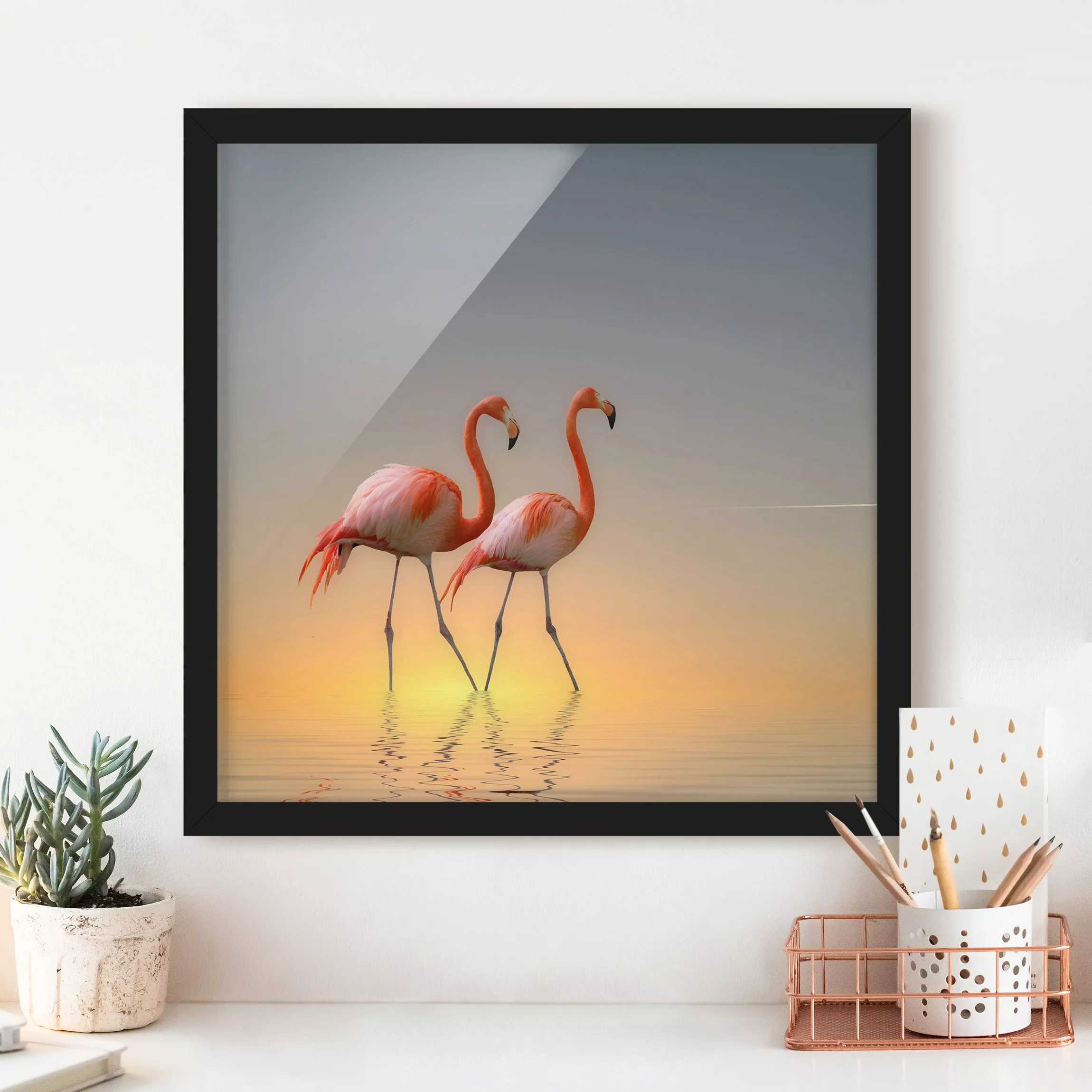 Bild mit Rahmen - Quadrat Flamingo Love günstig online kaufen