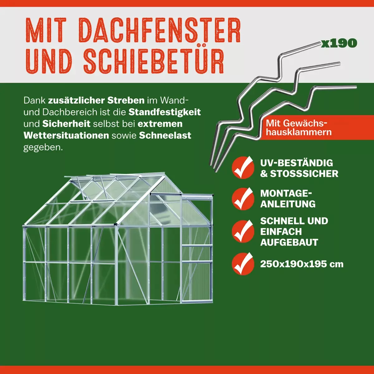 Alu Gewächshaus 250x190x195cm 2 Dachfenster günstig online kaufen