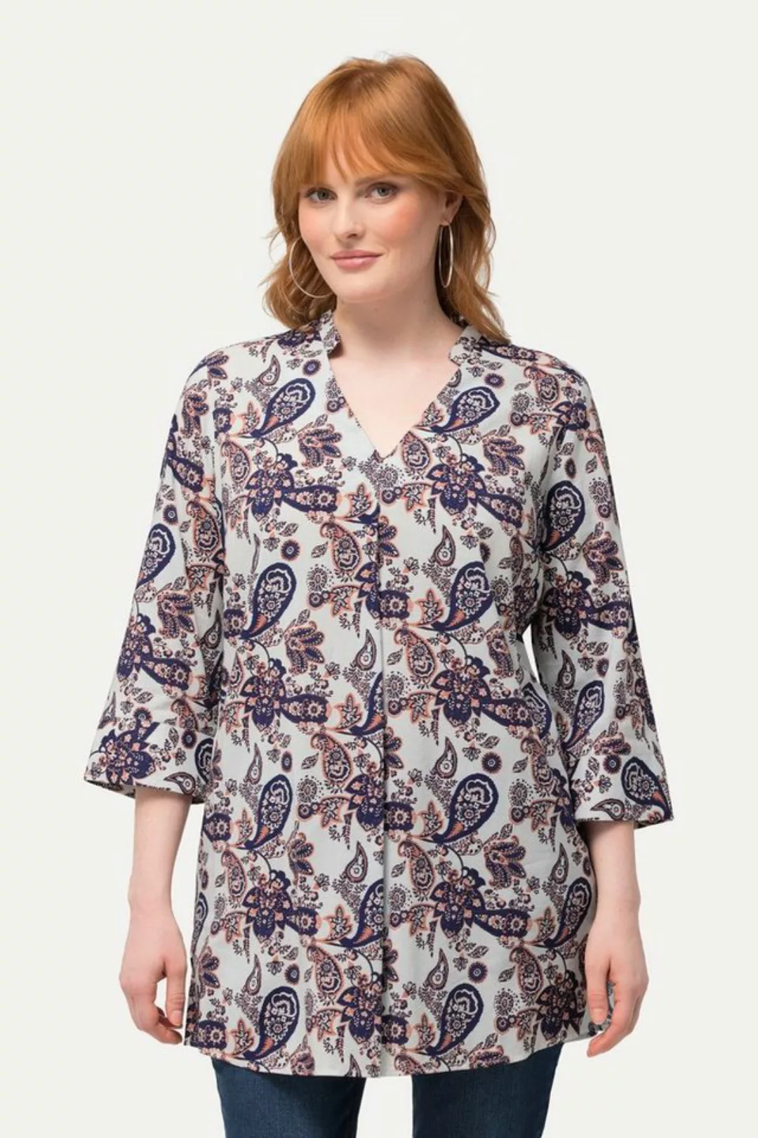 Ulla Popken Longbluse Tunika Paisleymuster V-Ausschnitt Stehkragen günstig online kaufen