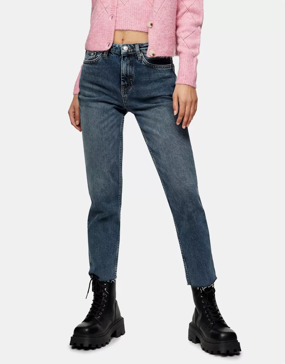 Topshop – Ungesäumte Jeans in Rauchblau mit geradem Schnitt günstig online kaufen