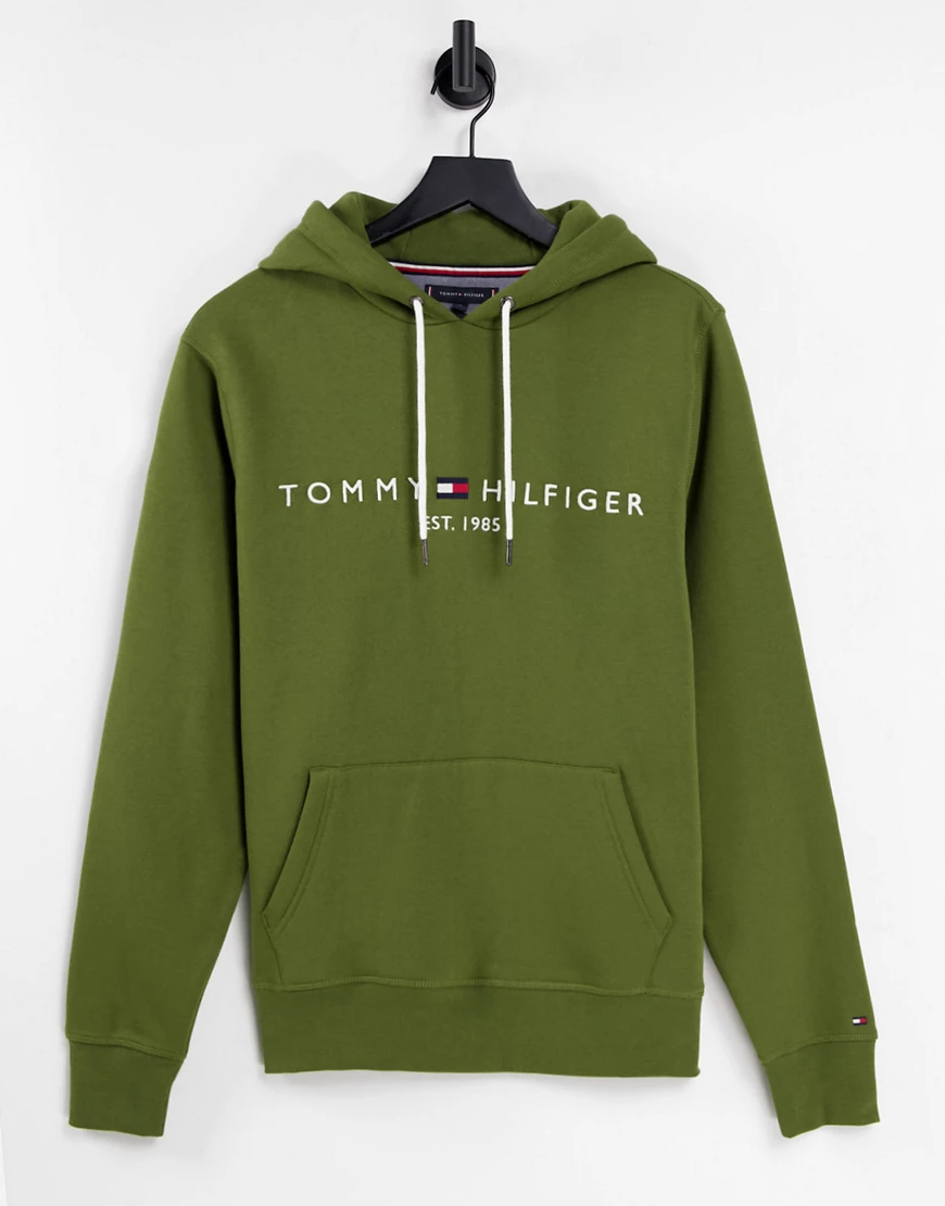 Tommy Hilfiger – Klassischer Kapuzenpullover in Dunkelgrün mit Logo günstig online kaufen