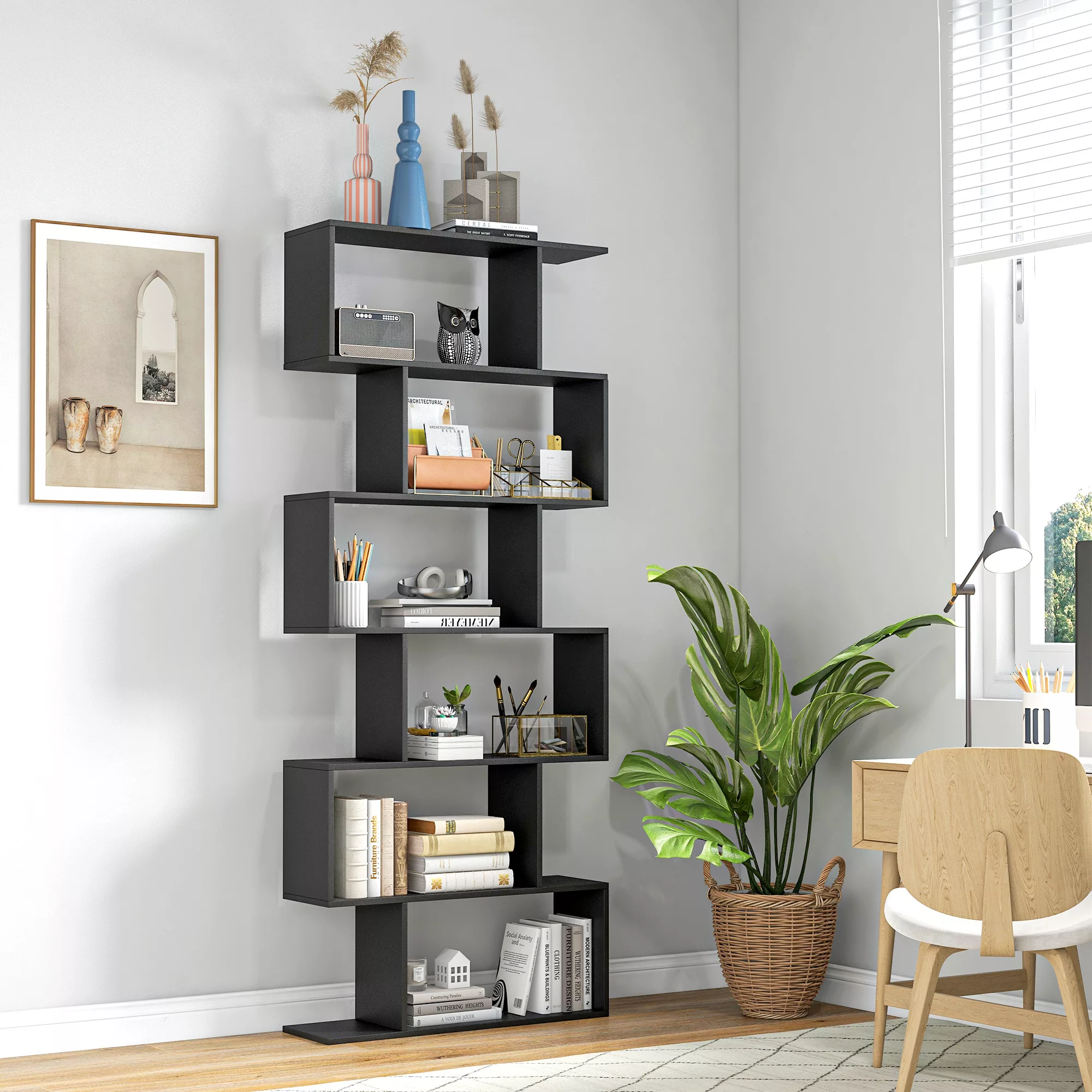 HOMCOM Bücherregal im Zickzack-Design 80B x 23T x 192H cm 6 Ebenen Schwarz günstig online kaufen