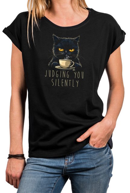 MAKAYA Kurzarmshirt mit Katzenmotiv Damen Shirt Katze Lustige Kaffee Sprüch günstig online kaufen