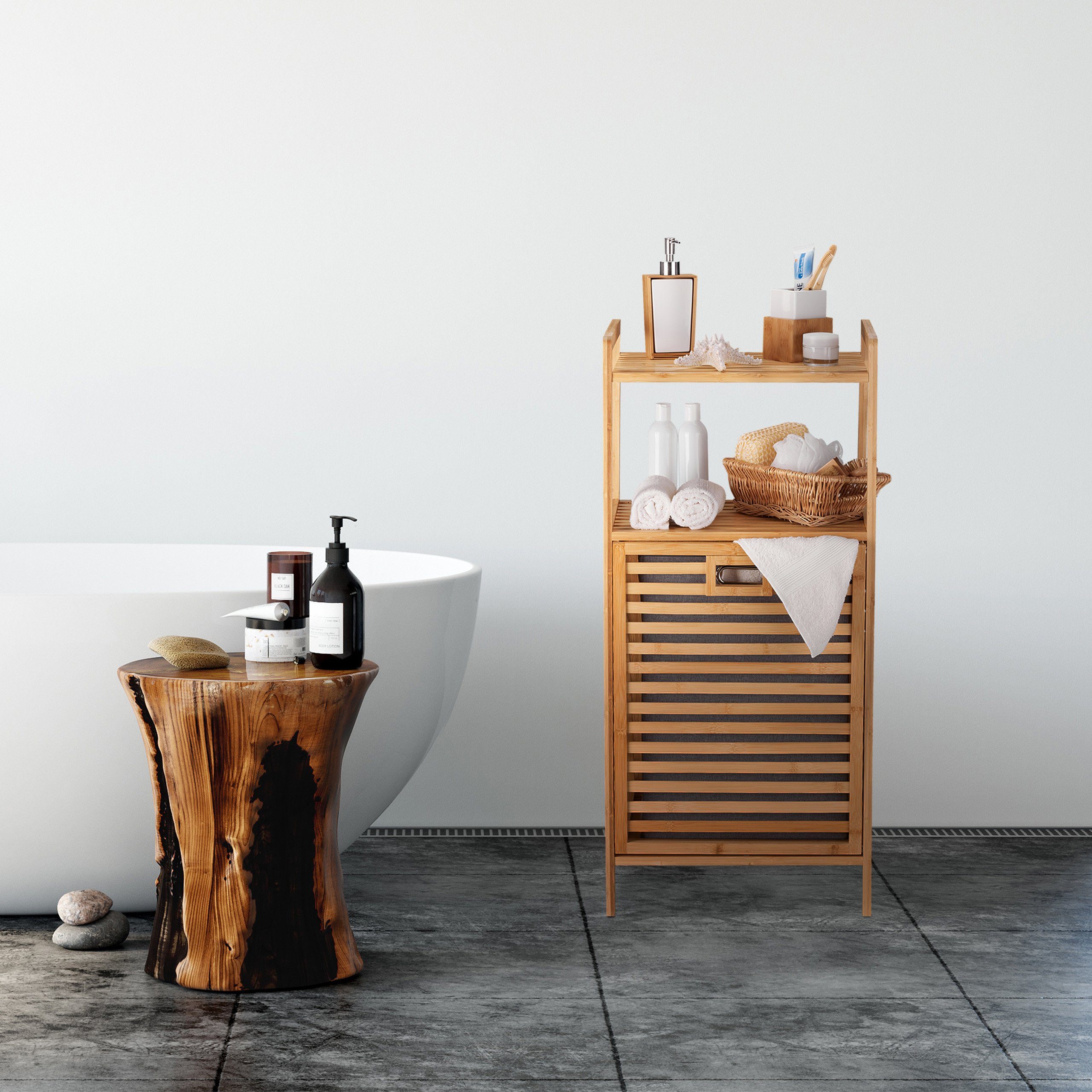 relaxdays Wäschekorb Bambus Badregal mit Wäschekorb günstig online kaufen