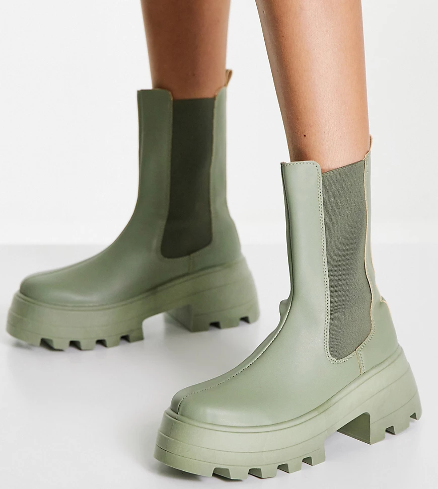 ASOS DESIGN – Ada – Robuste Chelsea-Stiefel in Khaki in weiter Passform-Grü günstig online kaufen