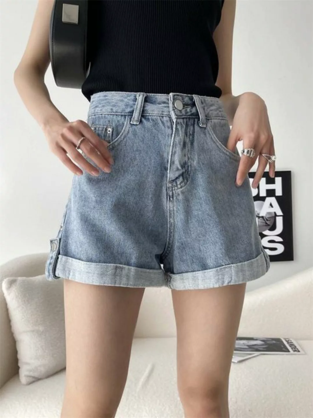 FIDDY Jeansshorts Damen Jeansshorts mit hoher Taille Sommer lockere Shorts günstig online kaufen