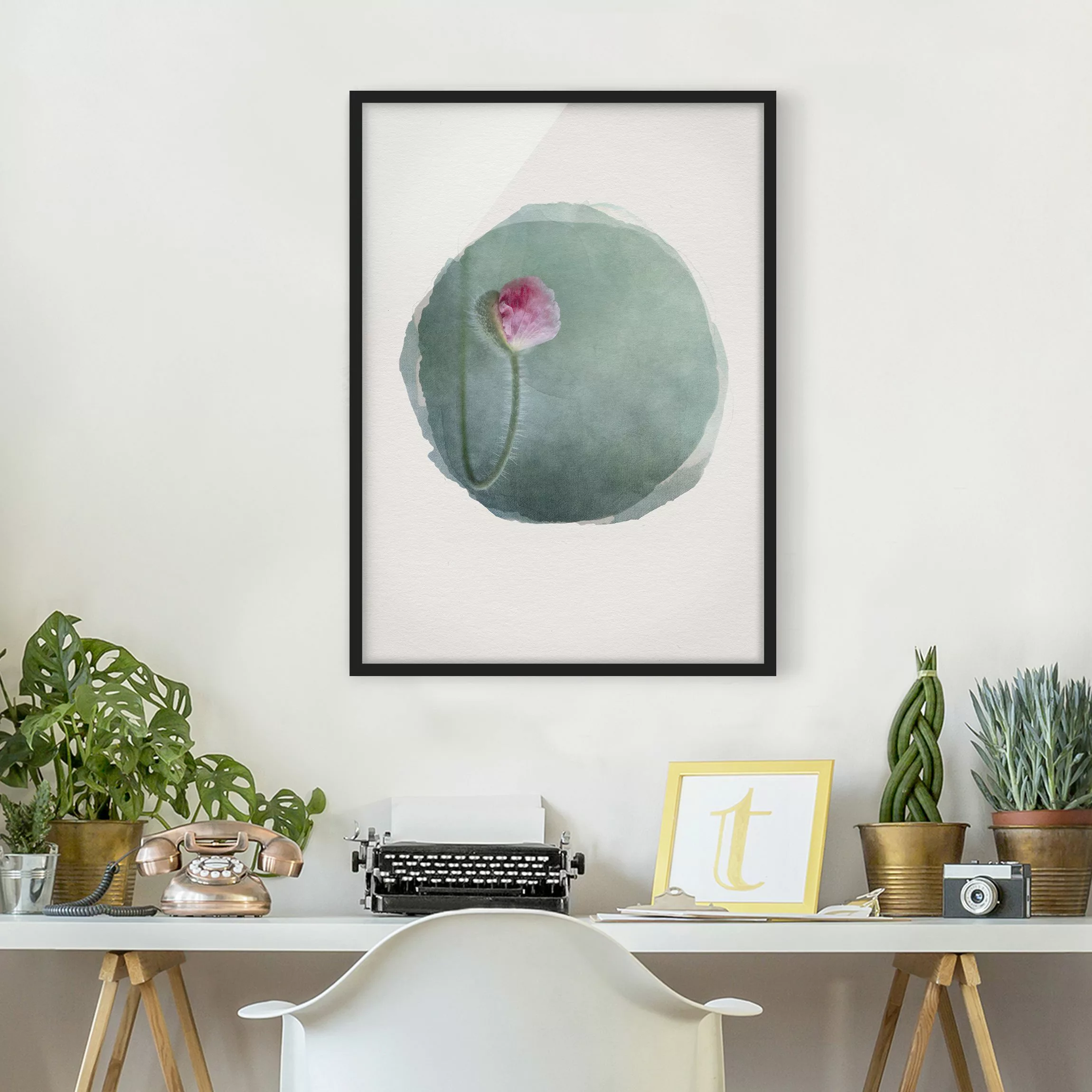 Bild mit Rahmen Blumen - Hochformat Wasserfarben - Blüte in Rosa günstig online kaufen