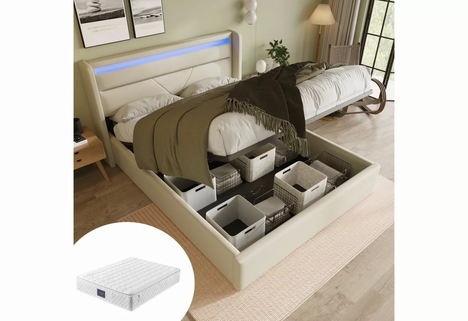 Gotagee Polsterbett Hydraulisch Polsterbett Doppelbett mit LED+Stauraum Wei günstig online kaufen