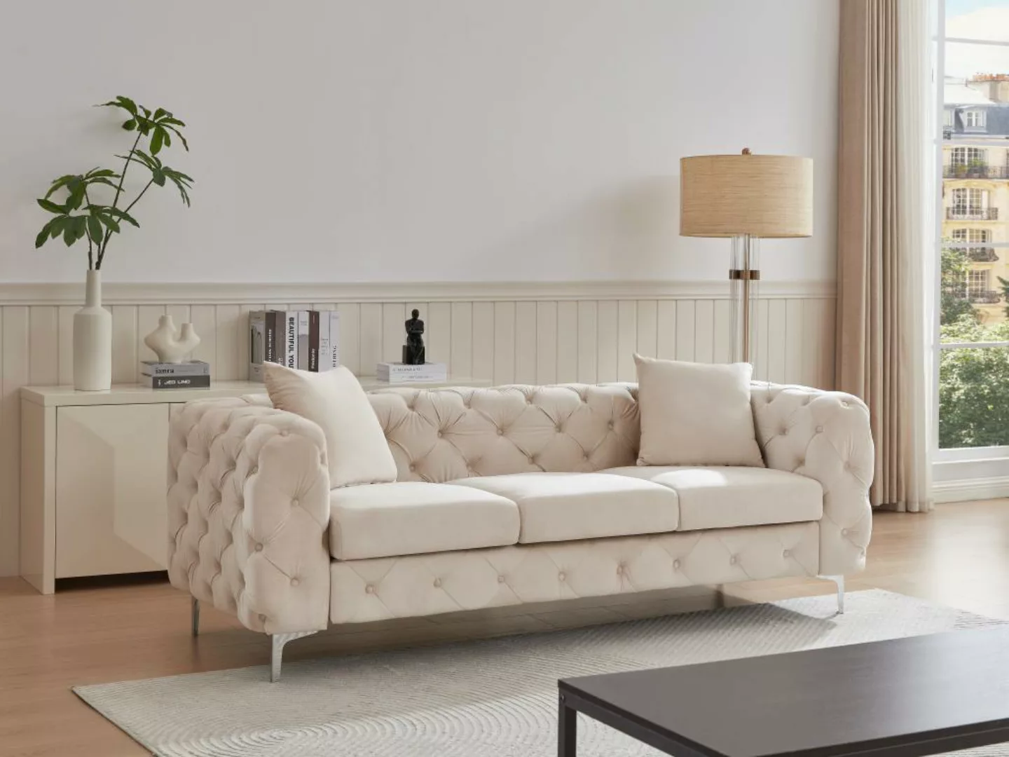 Chesterfield-Sofa 3-Sitzer - Samt - Beige - EDWINA günstig online kaufen