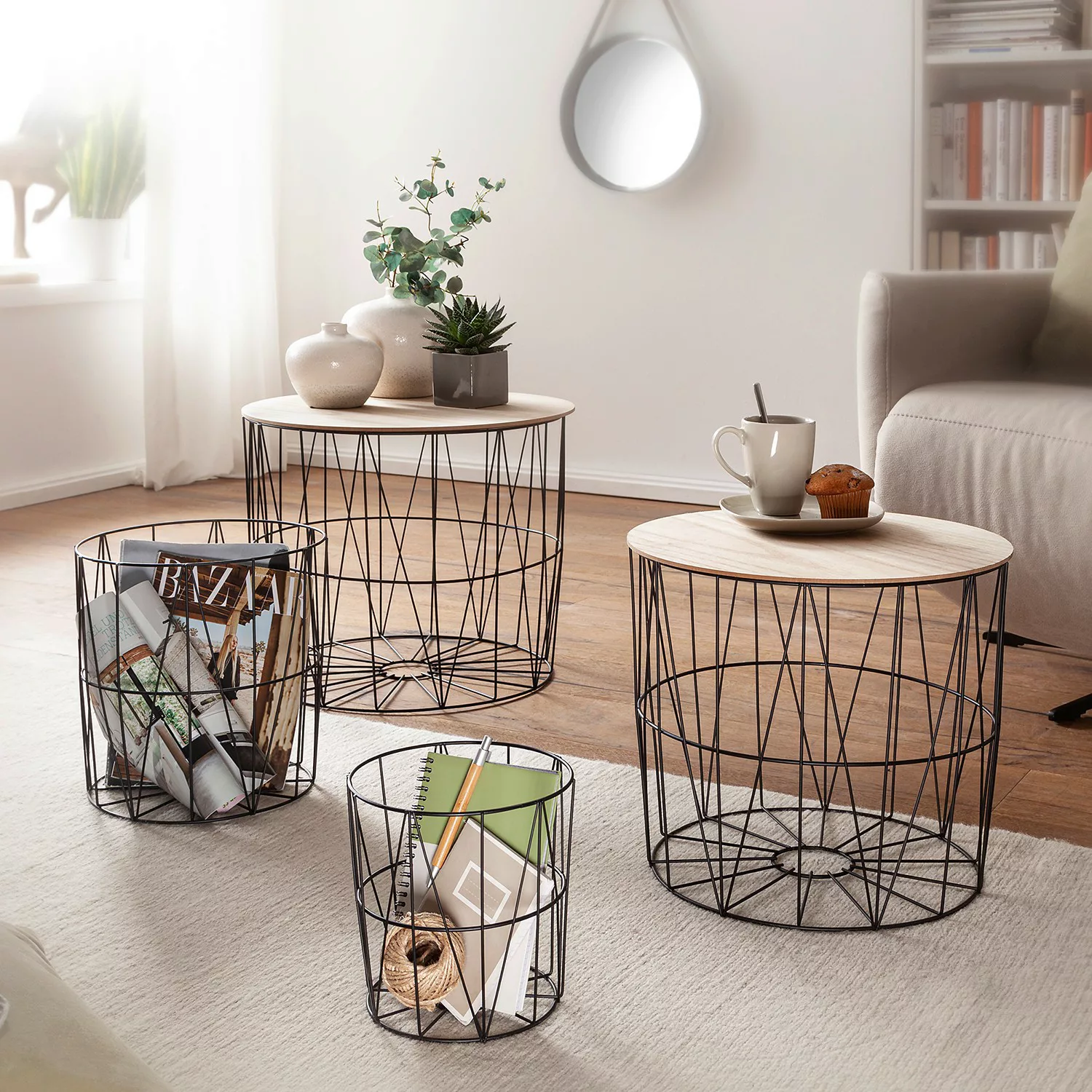 Design Beistelltisch 4er Set aus Körben Weiß | Moderne Korbtische mit abneh günstig online kaufen