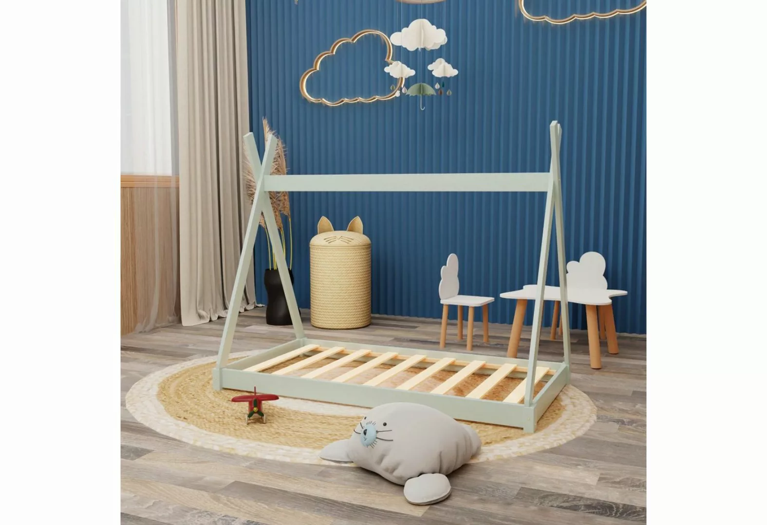 HAGO Kinderbett Montessori Kinderbett 140x70cm mint Tipi Spielbett Zeltform günstig online kaufen