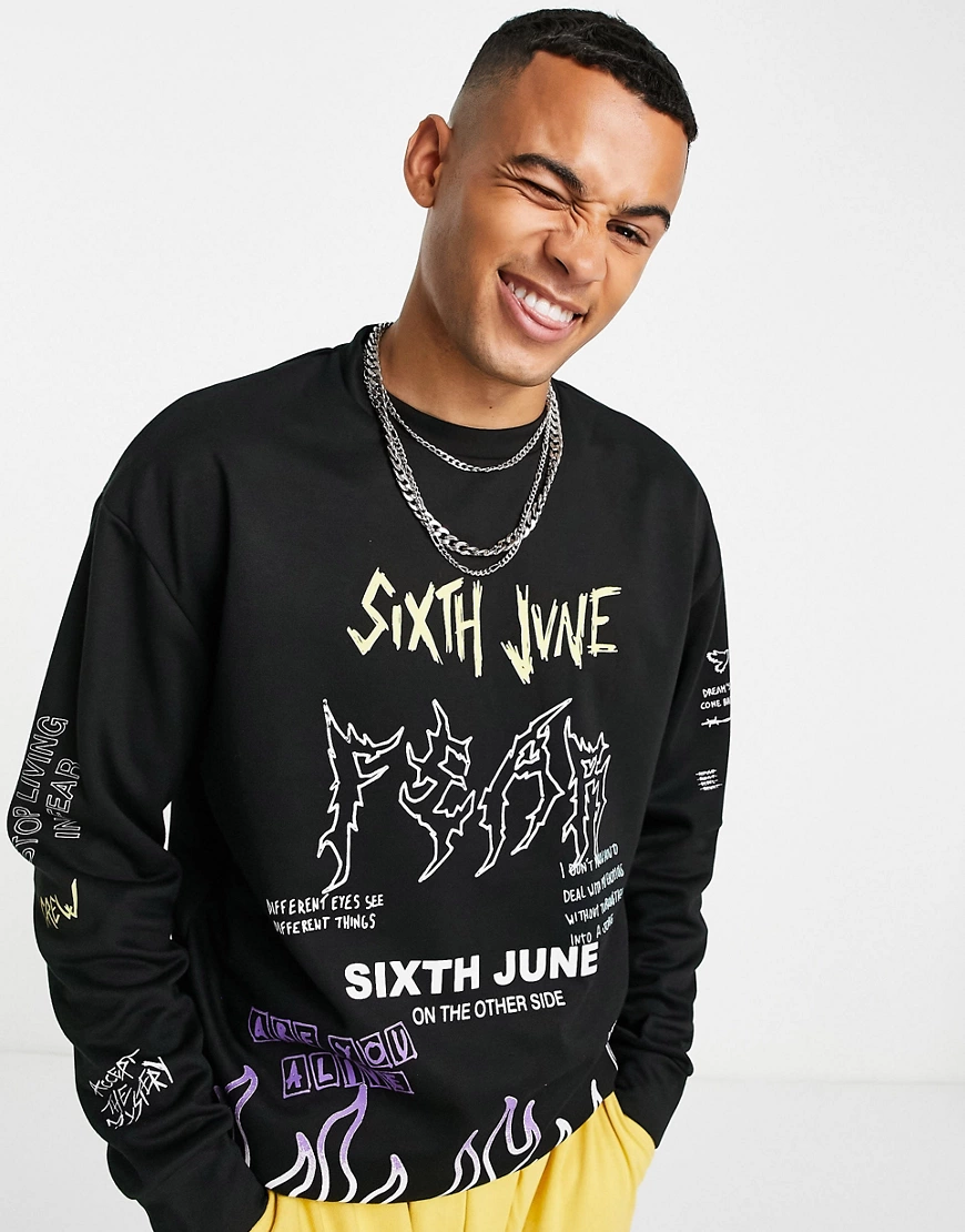 Sixth June – Oversize-Sweatshirt in Schwarz mit Graffiti-Print vorne günstig online kaufen