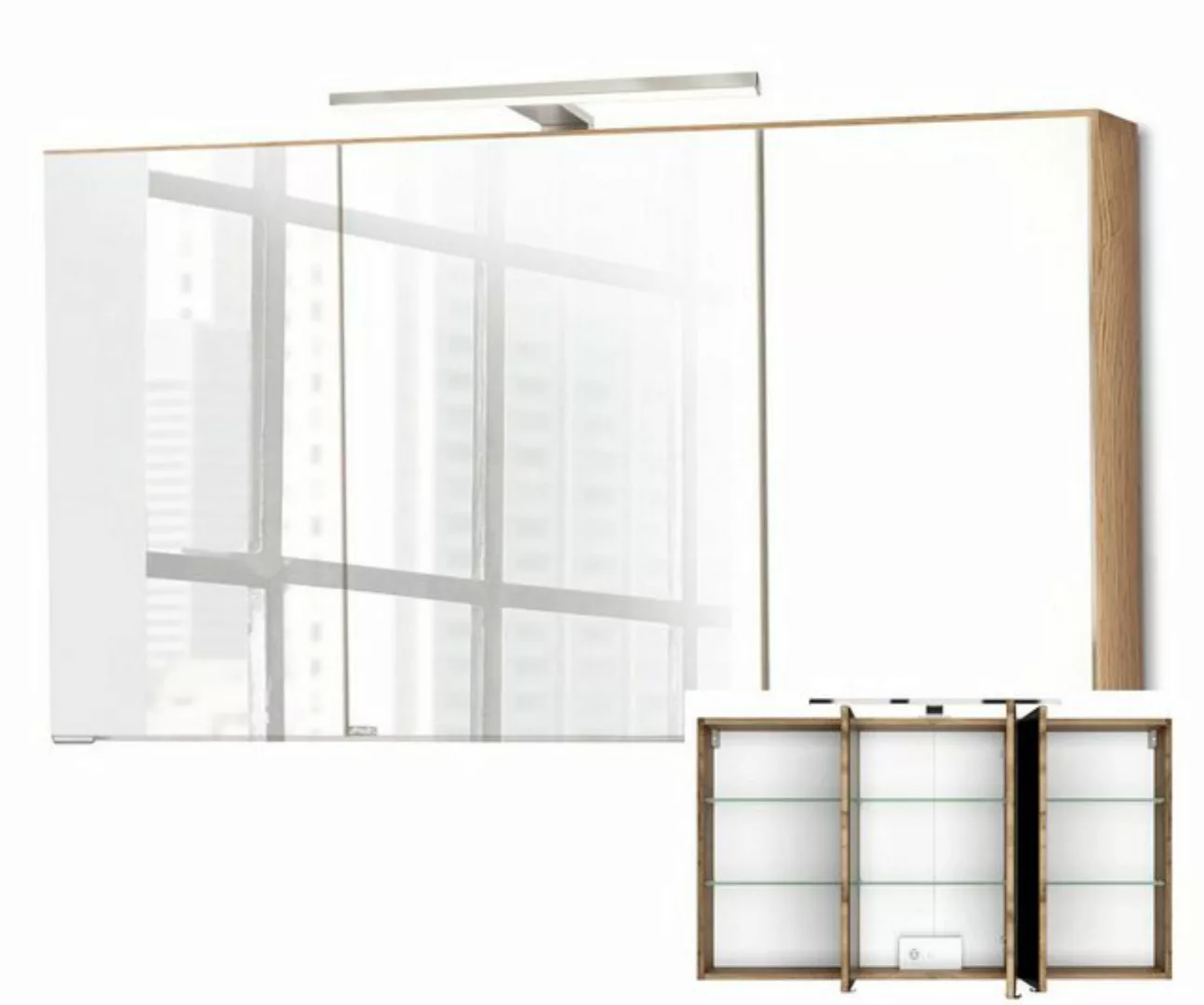 Lomadox Badezimmer LED Spiegelschrank 120cm 3-türig FLORIDO-03-OAK in Wotan günstig online kaufen