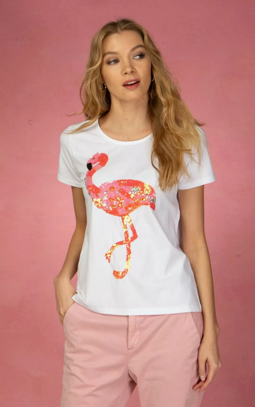 Passioni T-Shirt mit Pailletten-Flamingo auf der Vorderseite günstig online kaufen