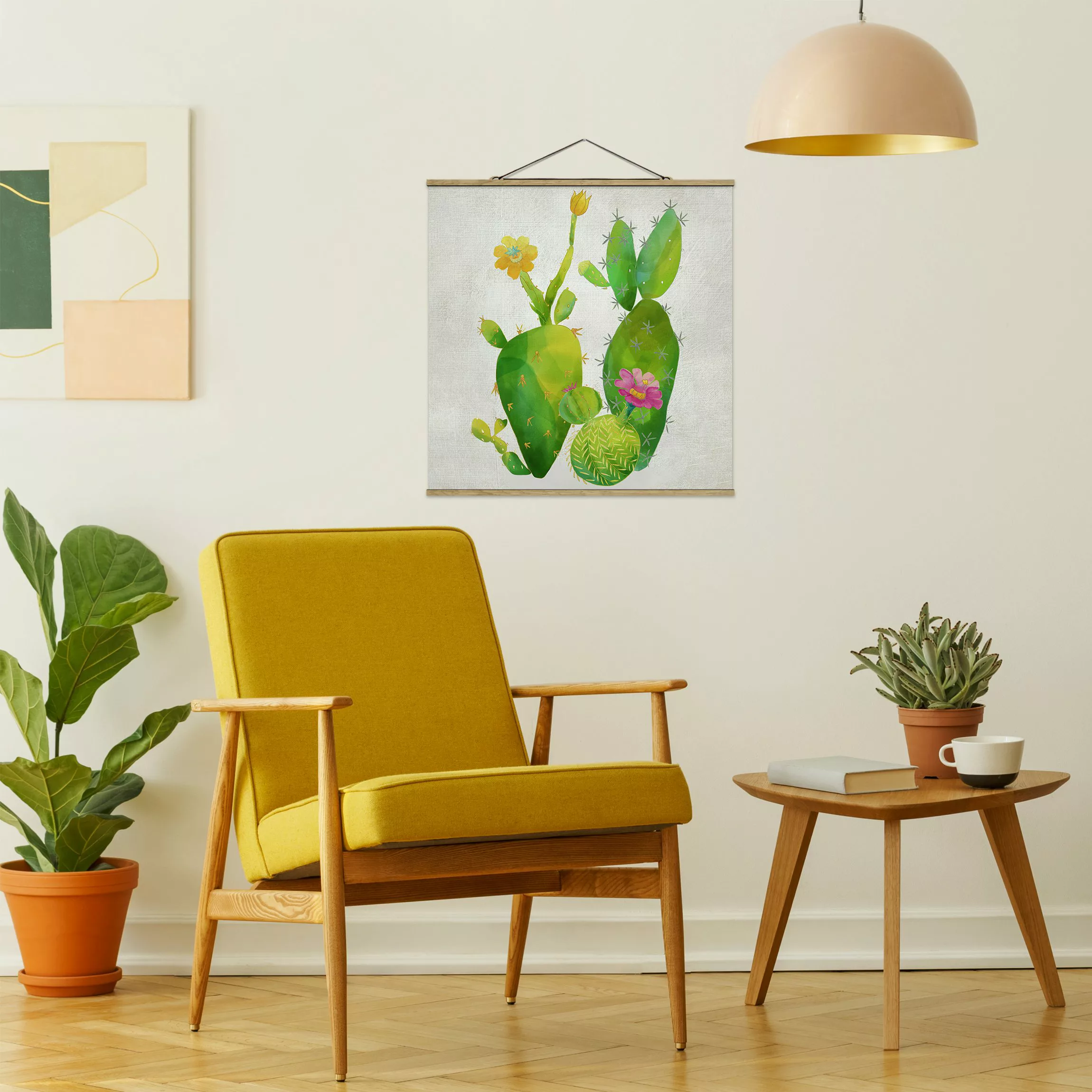 Stoffbild Blumen mit Posterleisten - Quadrat Kaktusfamilie rosa gelb günstig online kaufen