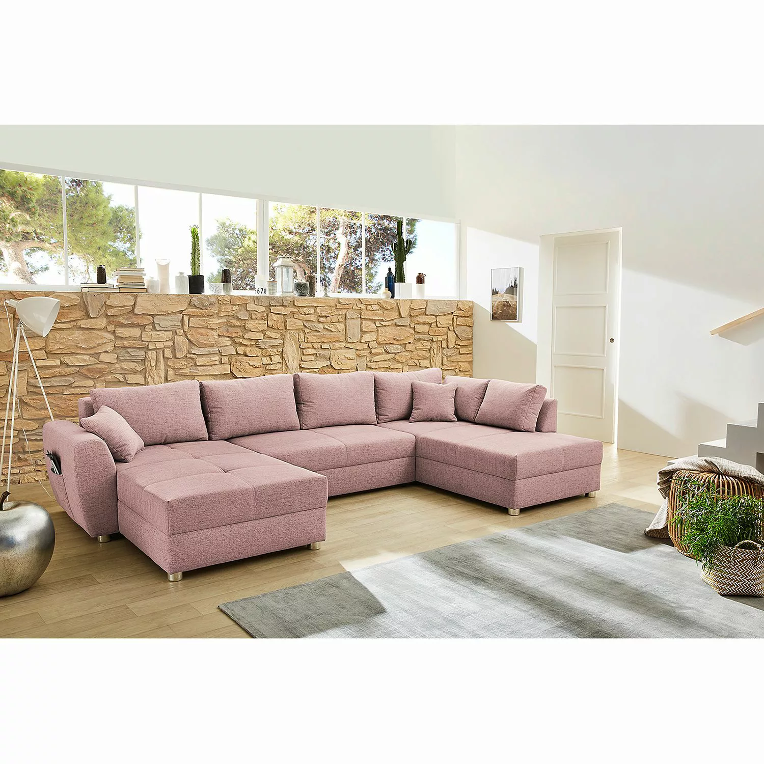 home24 Fredriks Wohnlandschaft Delicias Rosa 100% Polyester 345x87x198 cm ( günstig online kaufen