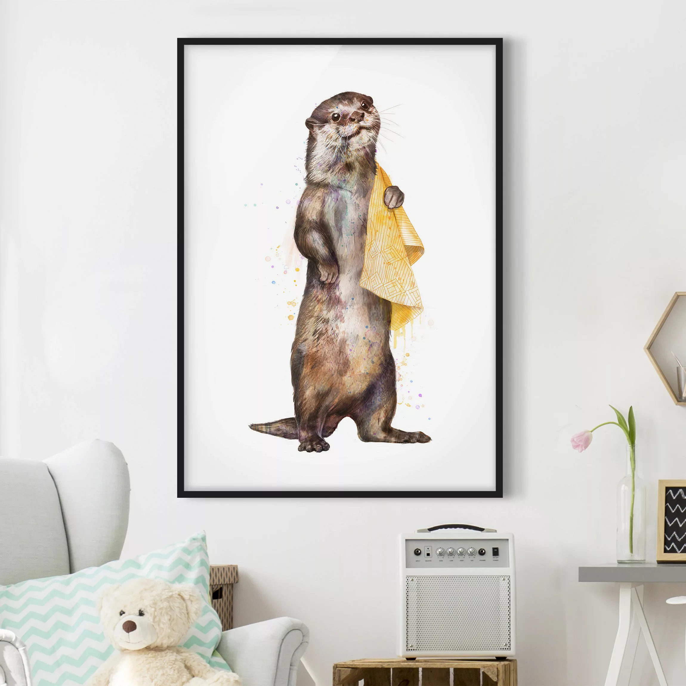 Bild mit Rahmen Tiere - Hochformat Illustration Otter mit Handtuch Malerei günstig online kaufen