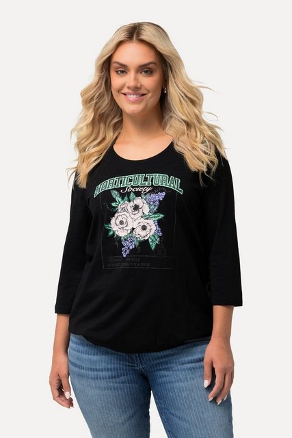 Ulla Popken T-Shirt Shirt Blumenmotiv Gummisaum Rundhals 3/4-Arm günstig online kaufen