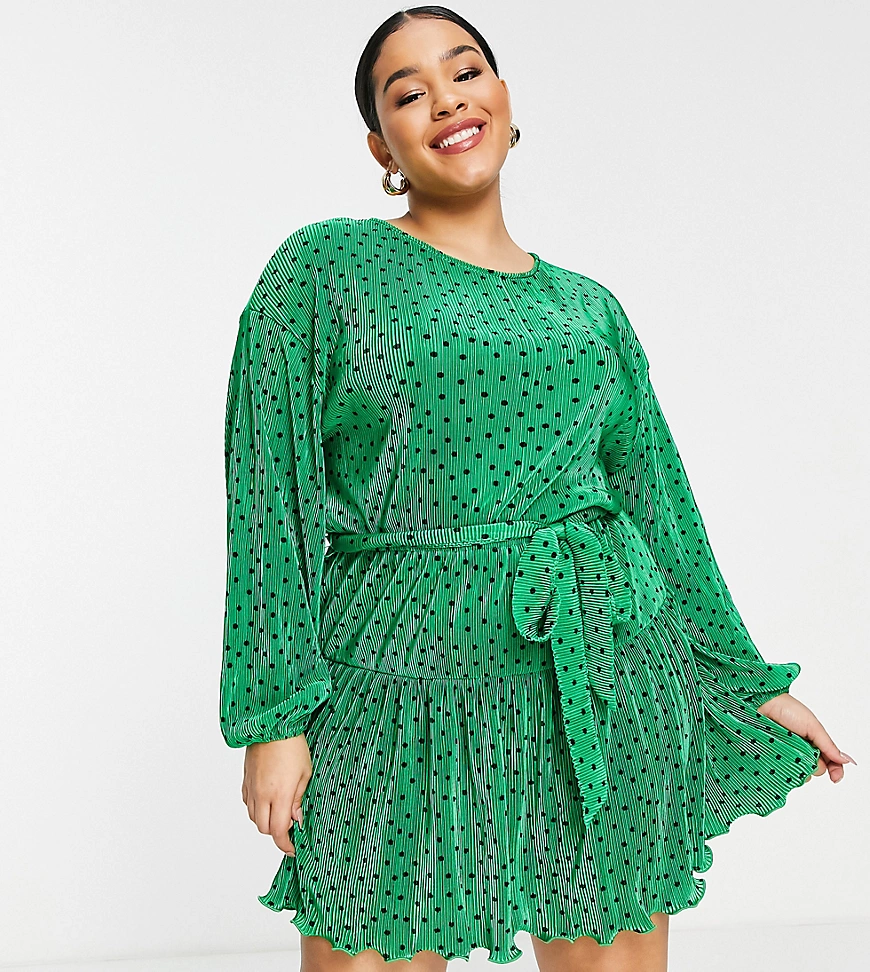 ASOS DESIGN Curve – Plissiertes Minikleid mit Gürtel in Grün mit schwarzem günstig online kaufen