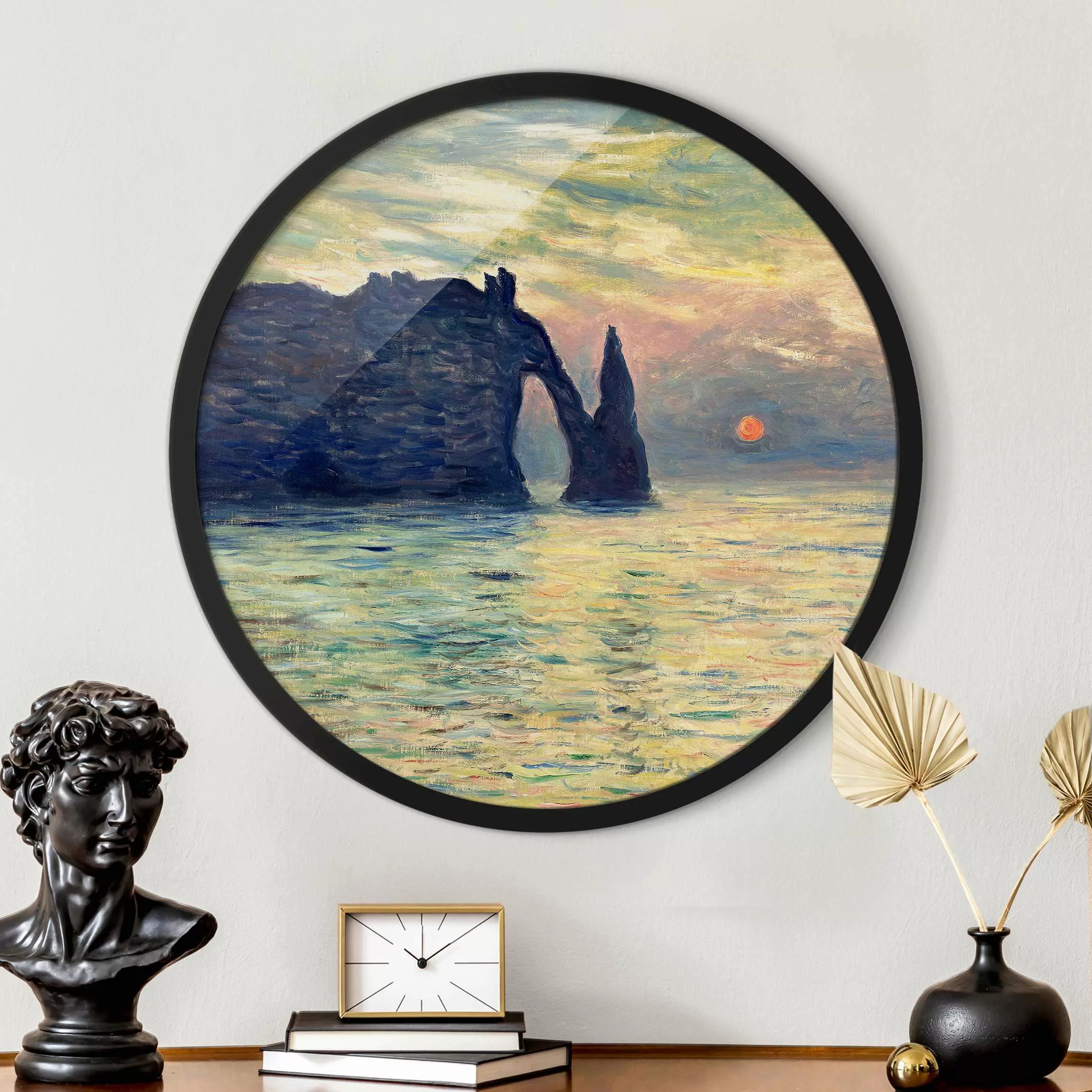 Rundes Gerahmtes Bild Claude Monet - Felsen Sonnenuntergang günstig online kaufen