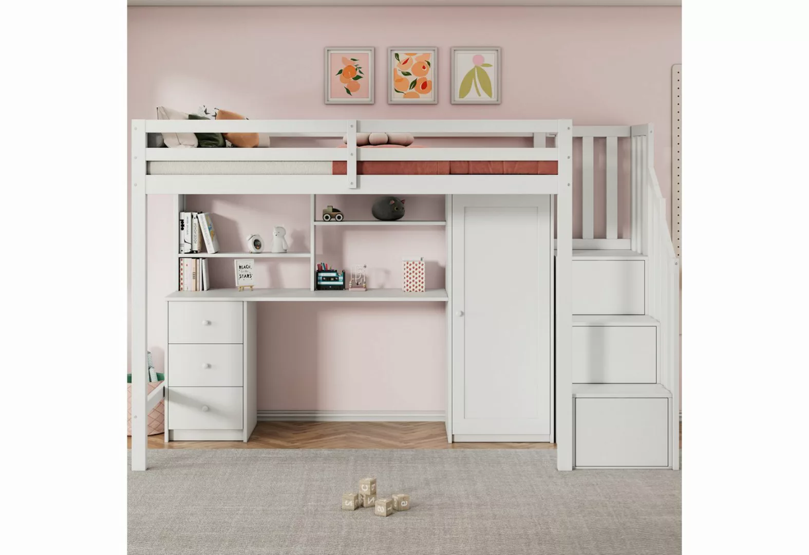 Flieks Hochbett Kinderbett 90x200cm mit Schreibtisch Kleiderschrank und Sta günstig online kaufen