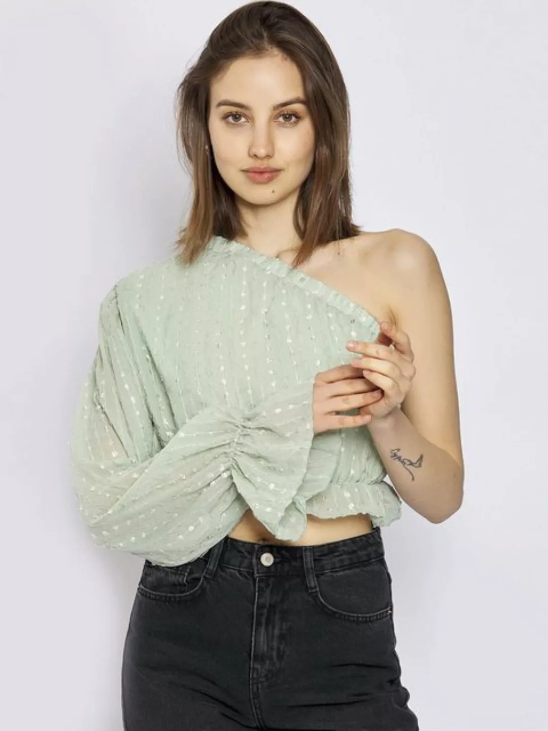 Freshlions Carmenbluse Freshlions One Shoulder Bluse Mint M Pailletten, Rüs günstig online kaufen