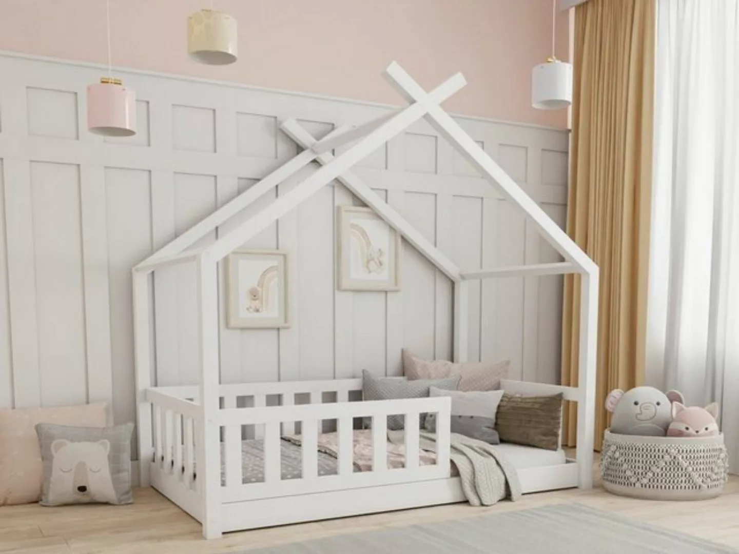 Deine Möbel 24 Hausbett Kinderbett STAR PLUS für 1 Kind Weiß Grau Kiefer Na günstig online kaufen