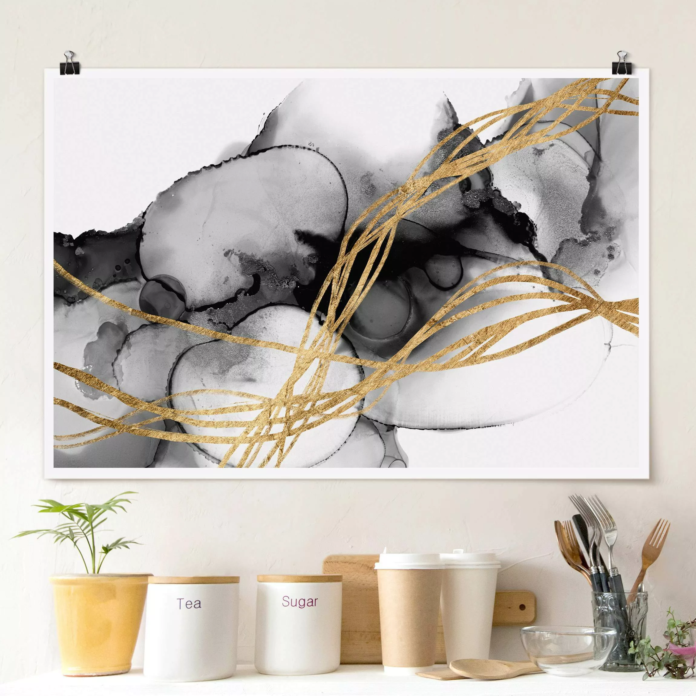 Poster Schwarze Tusche mit goldenen Linien II günstig online kaufen