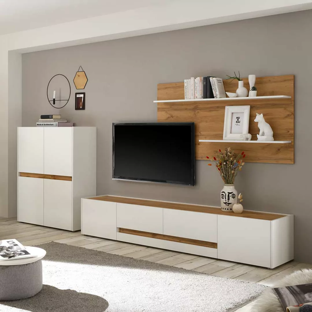 Design Wohnwand in Wildeichefarben und Weiß Regalpaneel (dreiteilig) günstig online kaufen