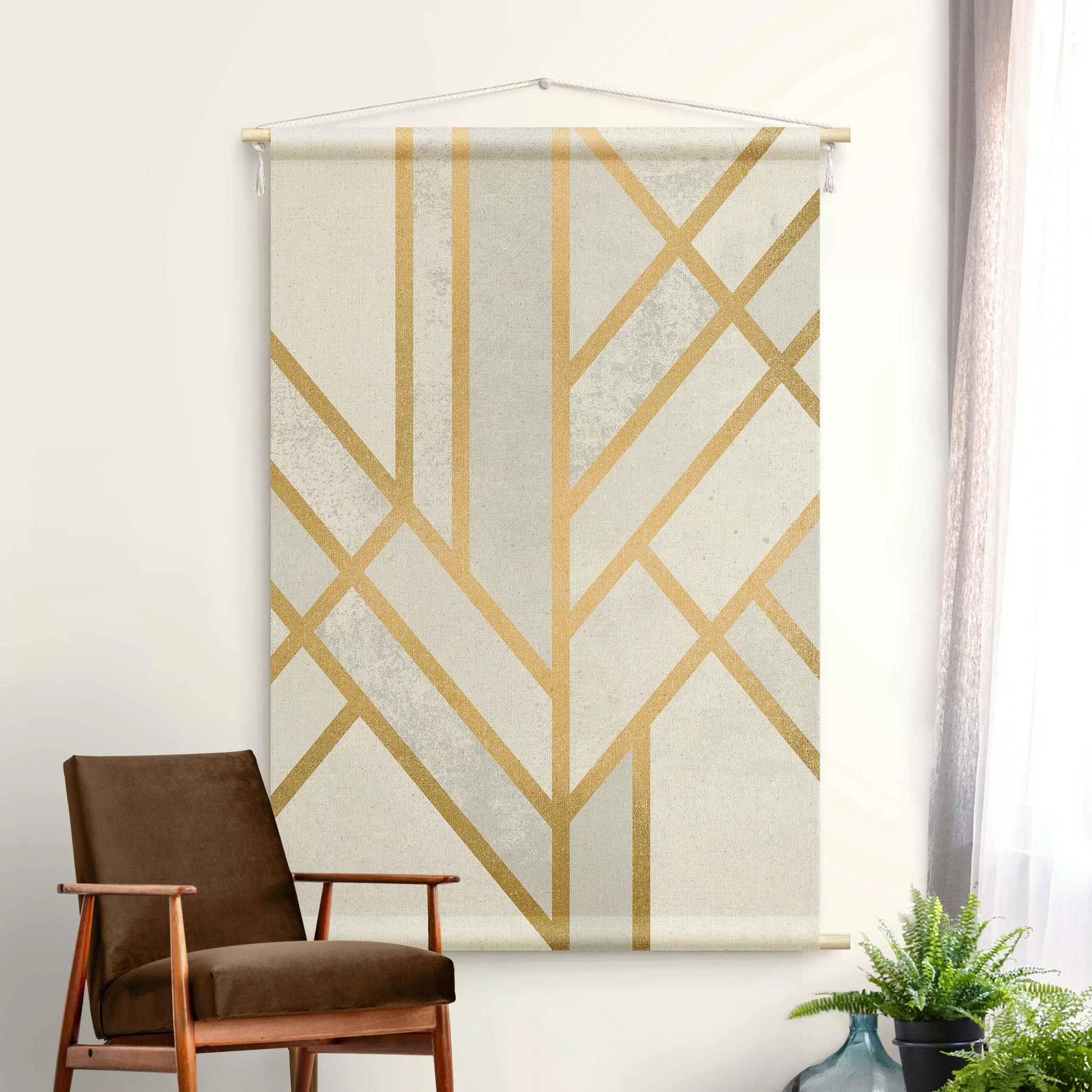 Wandteppich Art Deco Geometrie Weiß Gold günstig online kaufen