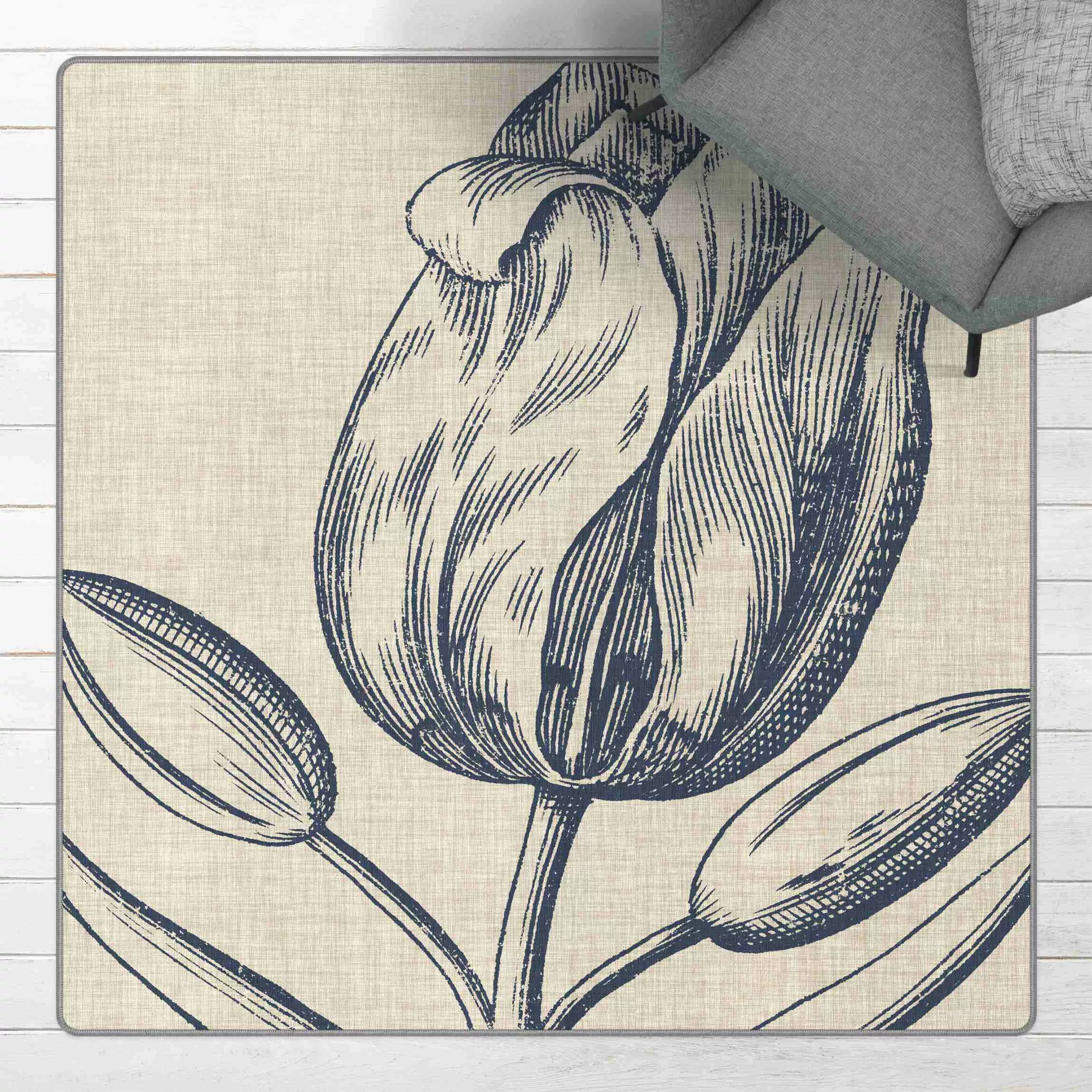 Teppich Indigo Blüte auf Leinen IV günstig online kaufen