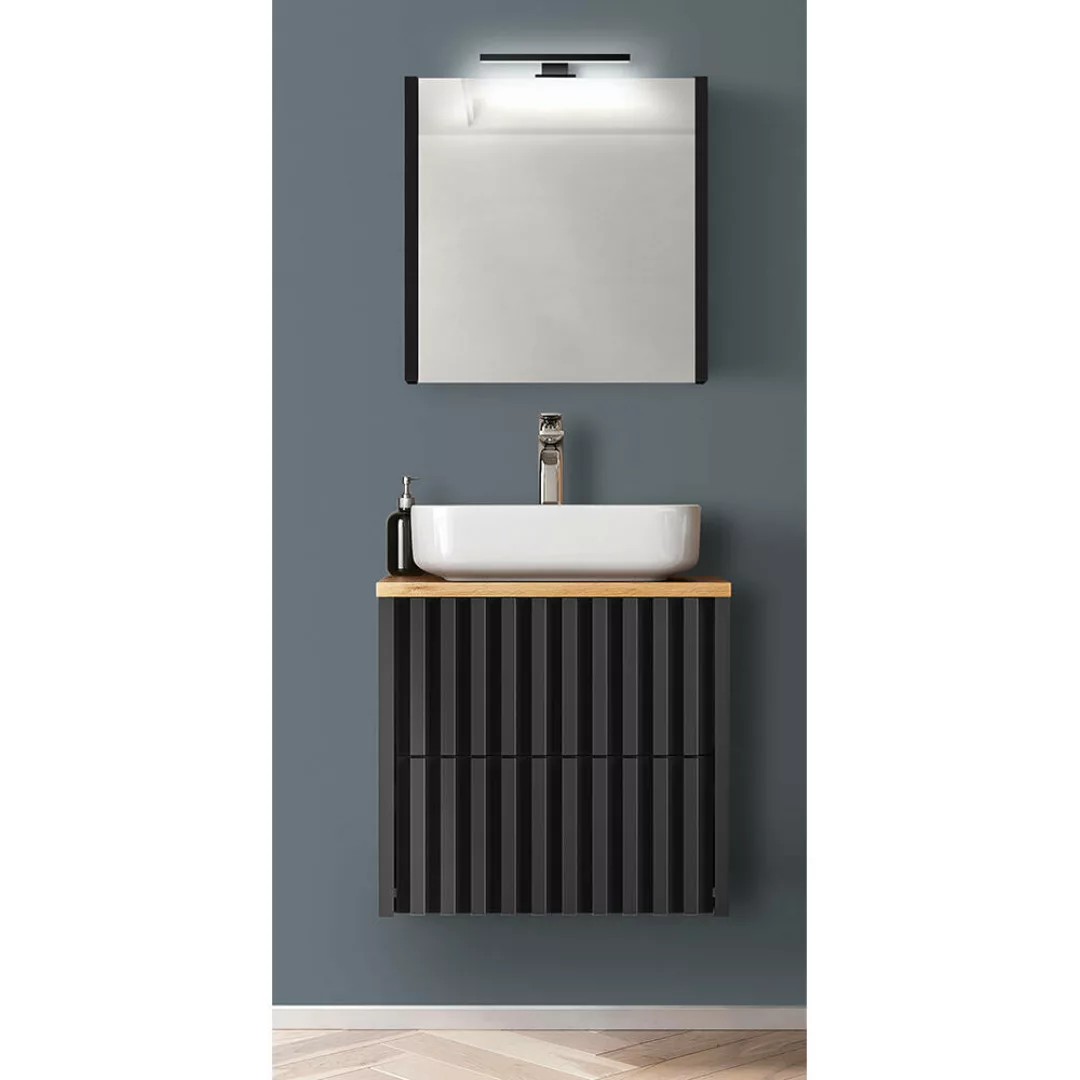 Waschplatz Set mit Waschtisch 60 cm und Spiegelschrank NANTES-107 in schwar günstig online kaufen