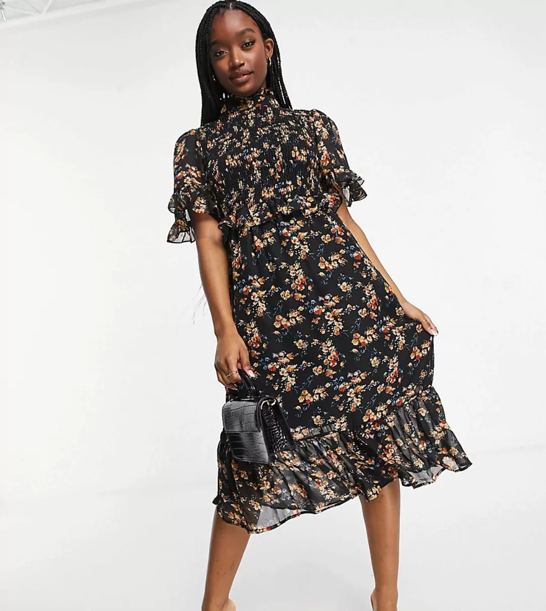 Missguided – Hochgeschlossenes Midikleid mit schwarzem Blumenmuster günstig online kaufen