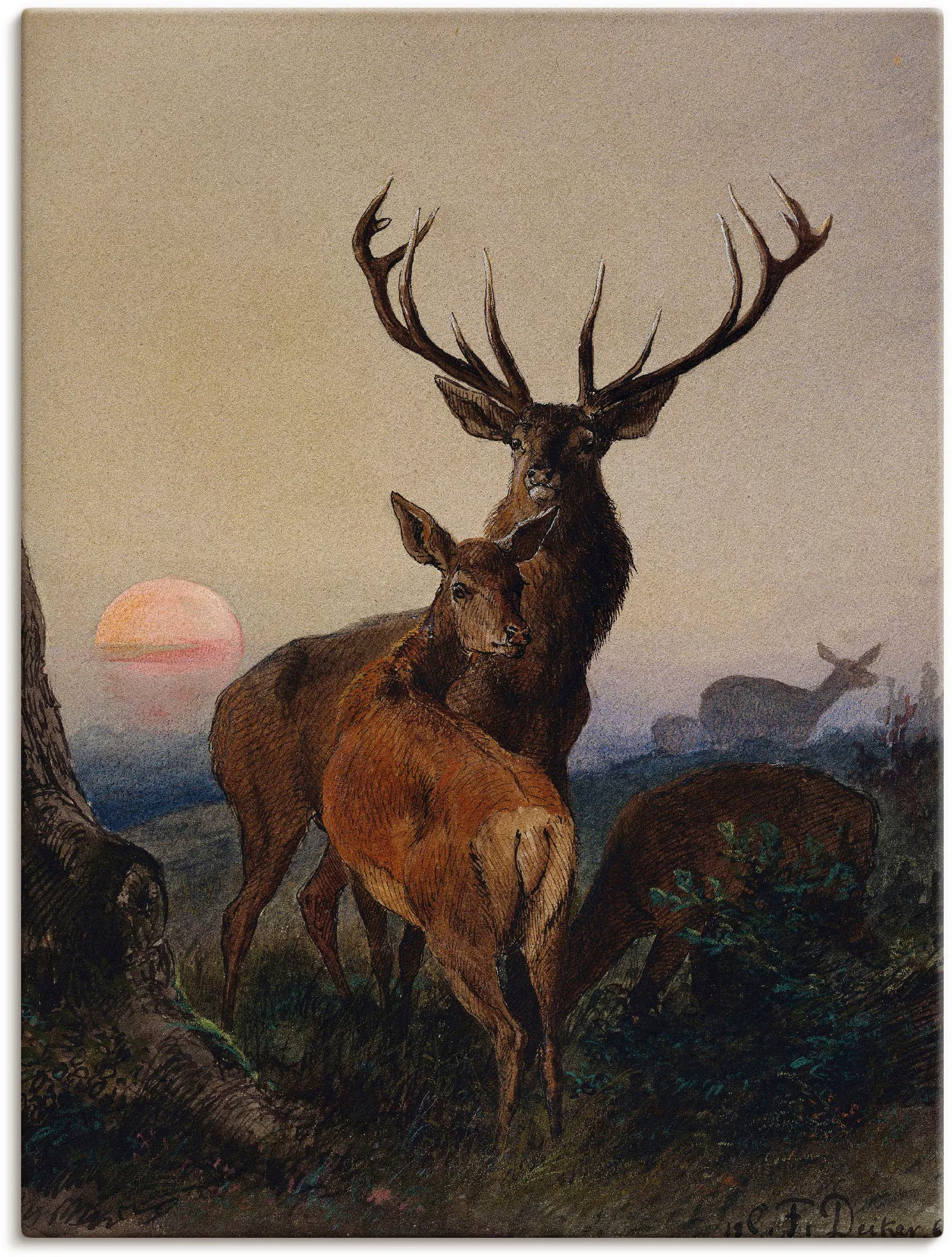 Artland Wandbild »Hirsch und ein Reh bei Sonnenuntergang«, Wildtiere, (1 St günstig online kaufen