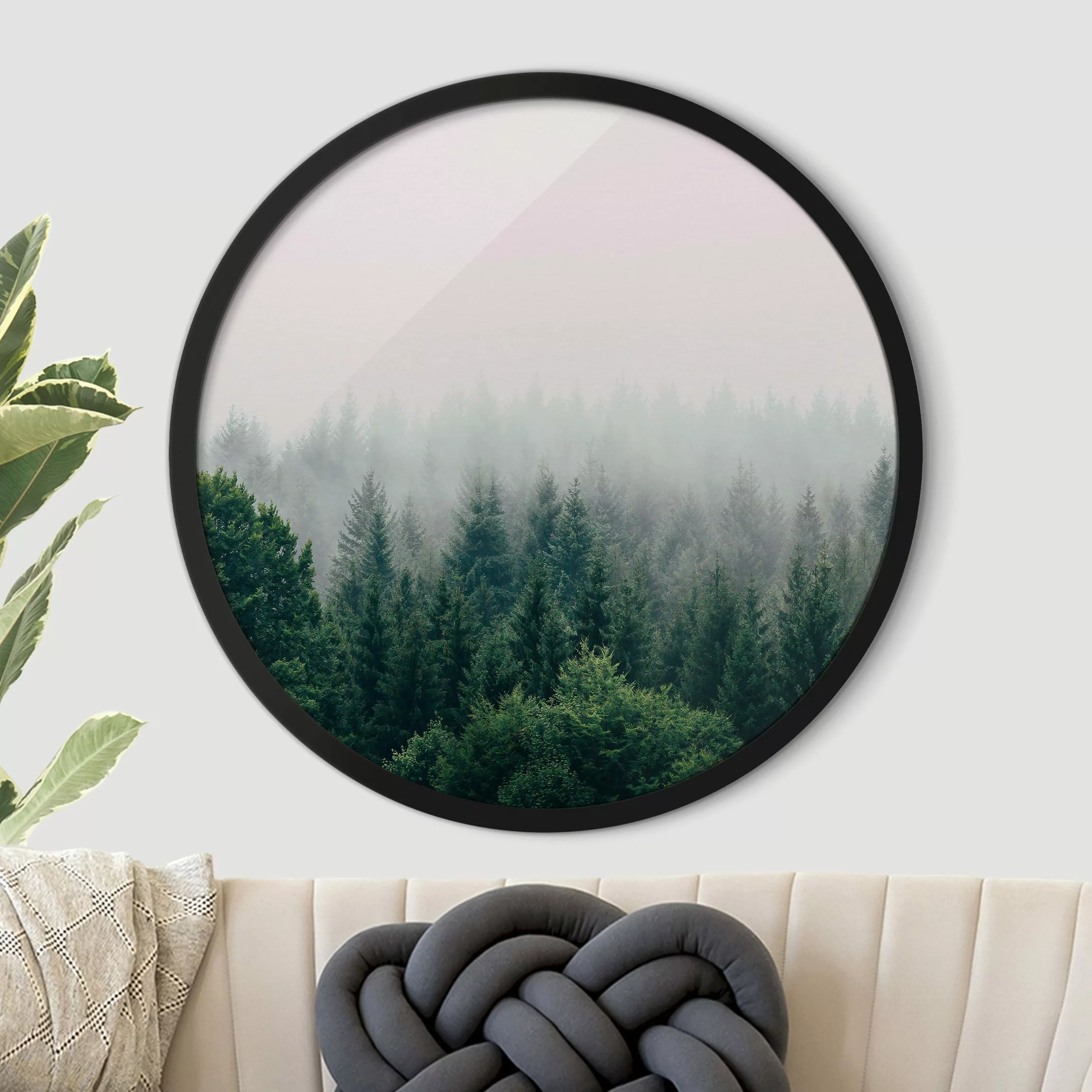 Rundes Gerahmtes Bild Wald im Nebel Dämmerung günstig online kaufen