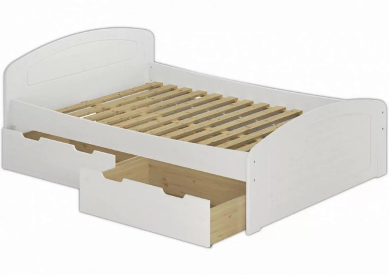 ERST-HOLZ Bett Doppelbett 140x200 Kiefer weiß mit Rollrost + 3 Staukästen, günstig online kaufen