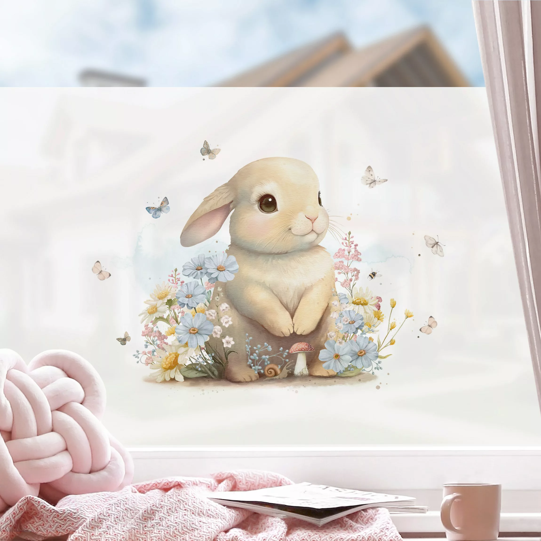 Fensterfolie Hase auf Blumenwiese günstig online kaufen
