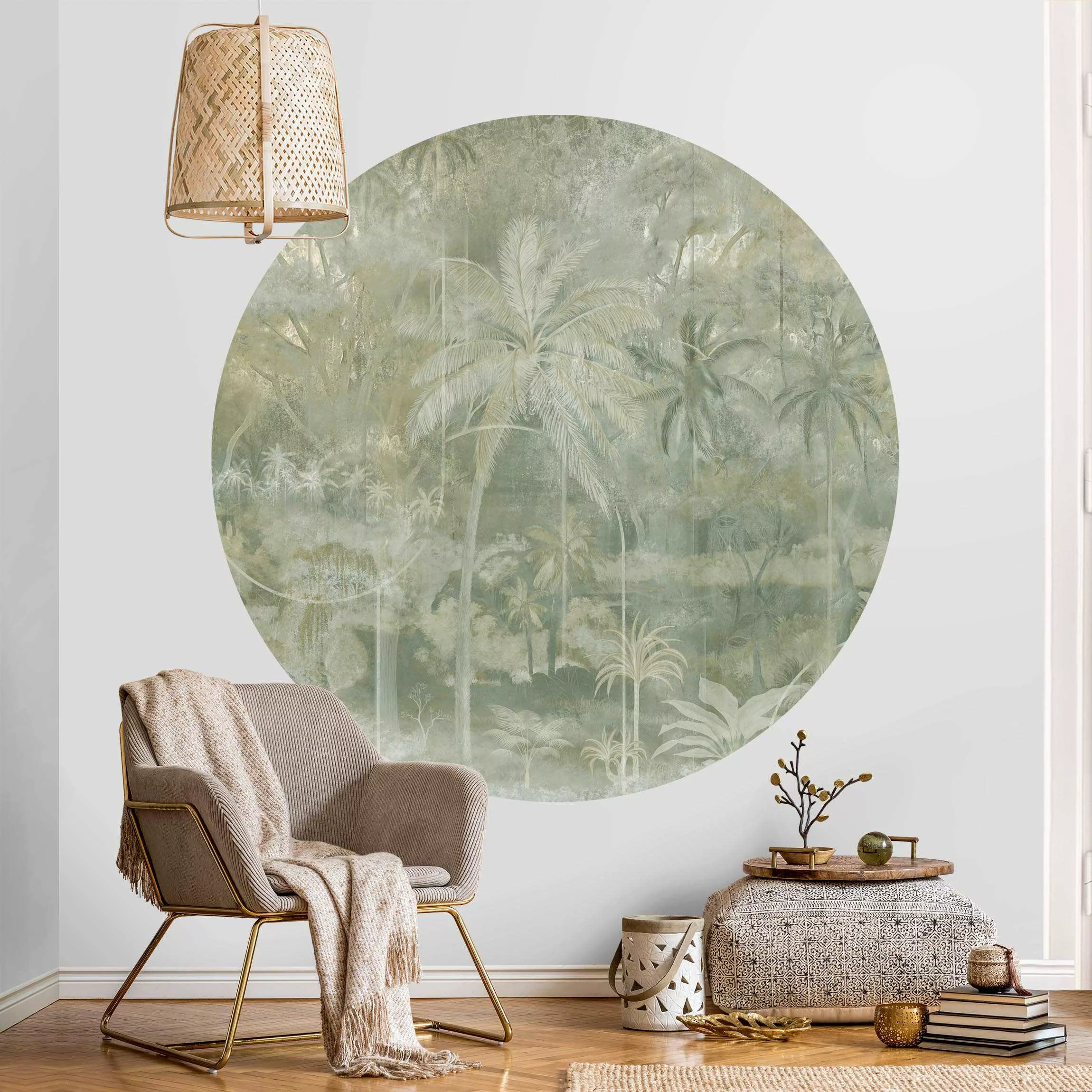 Runde Tapete selbstklebend Vintage Palmen mit Struktur günstig online kaufen