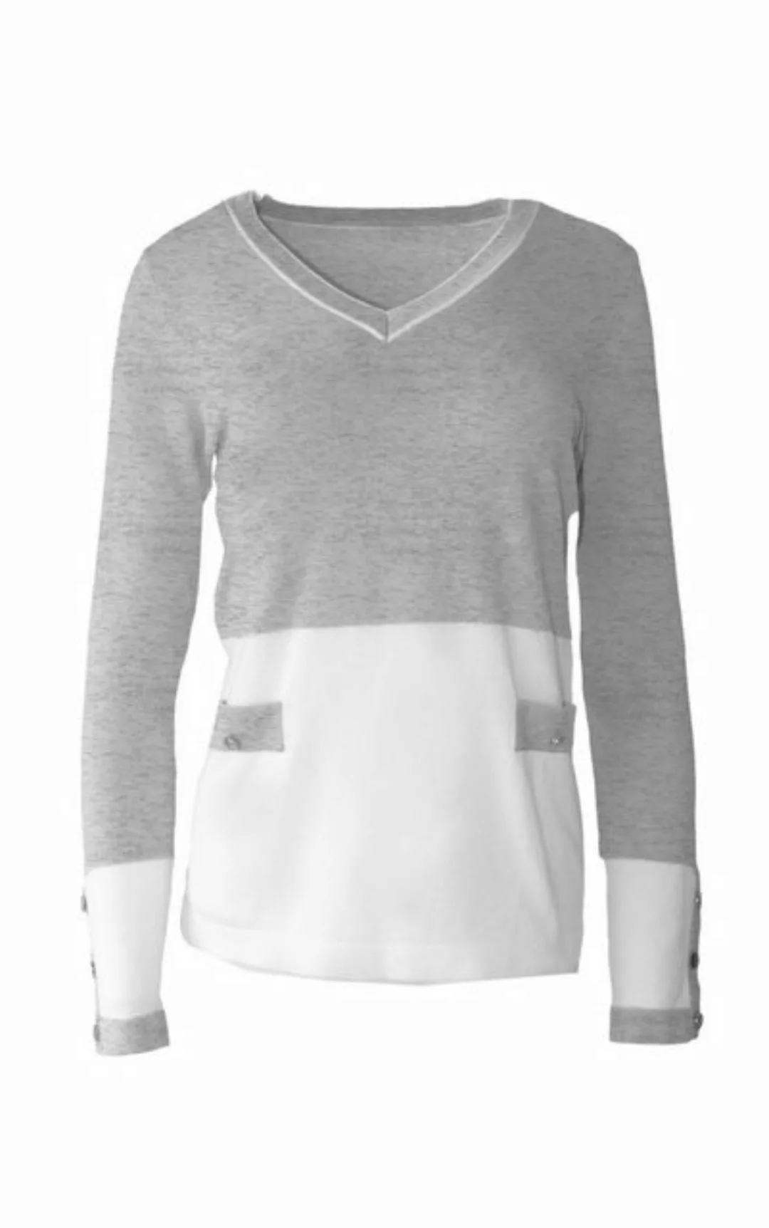 Passioni V-Ausschnitt-Pullover Grau Weißer Sommerpullover mit V-Ausschnitt günstig online kaufen