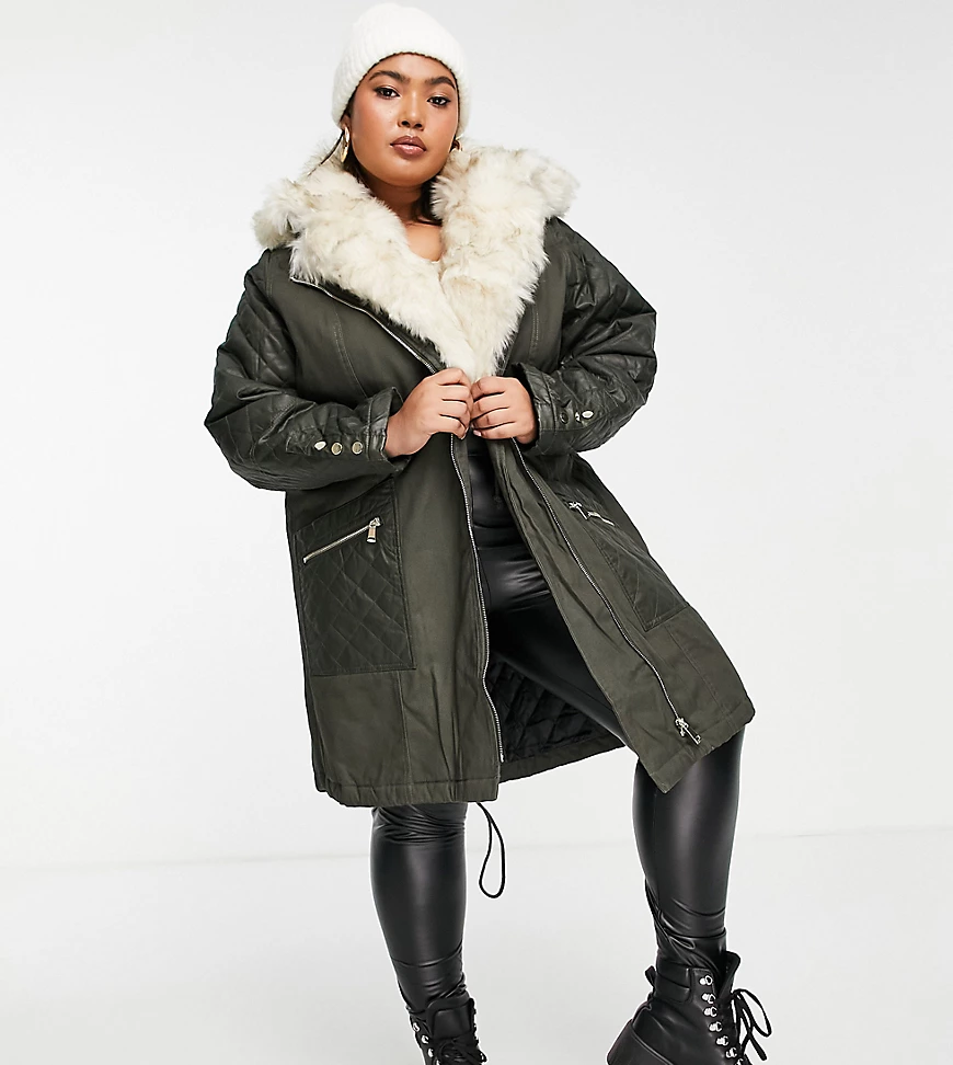 River Island Plus – Parkajacke in Khaki mit Kunstpelzfutter-Grün günstig online kaufen