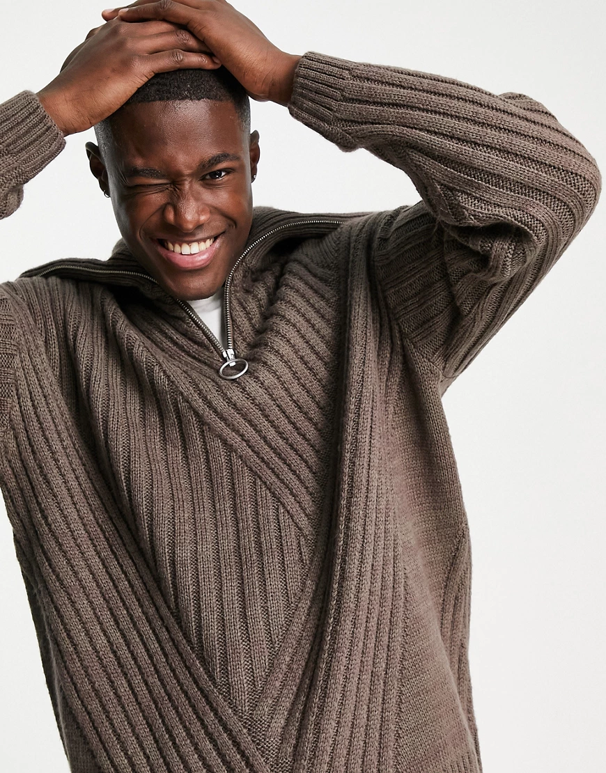 ASOS DESIGN – Übergroßer, gerippter Fischer-Pullover mit kurzem Reißverschl günstig online kaufen