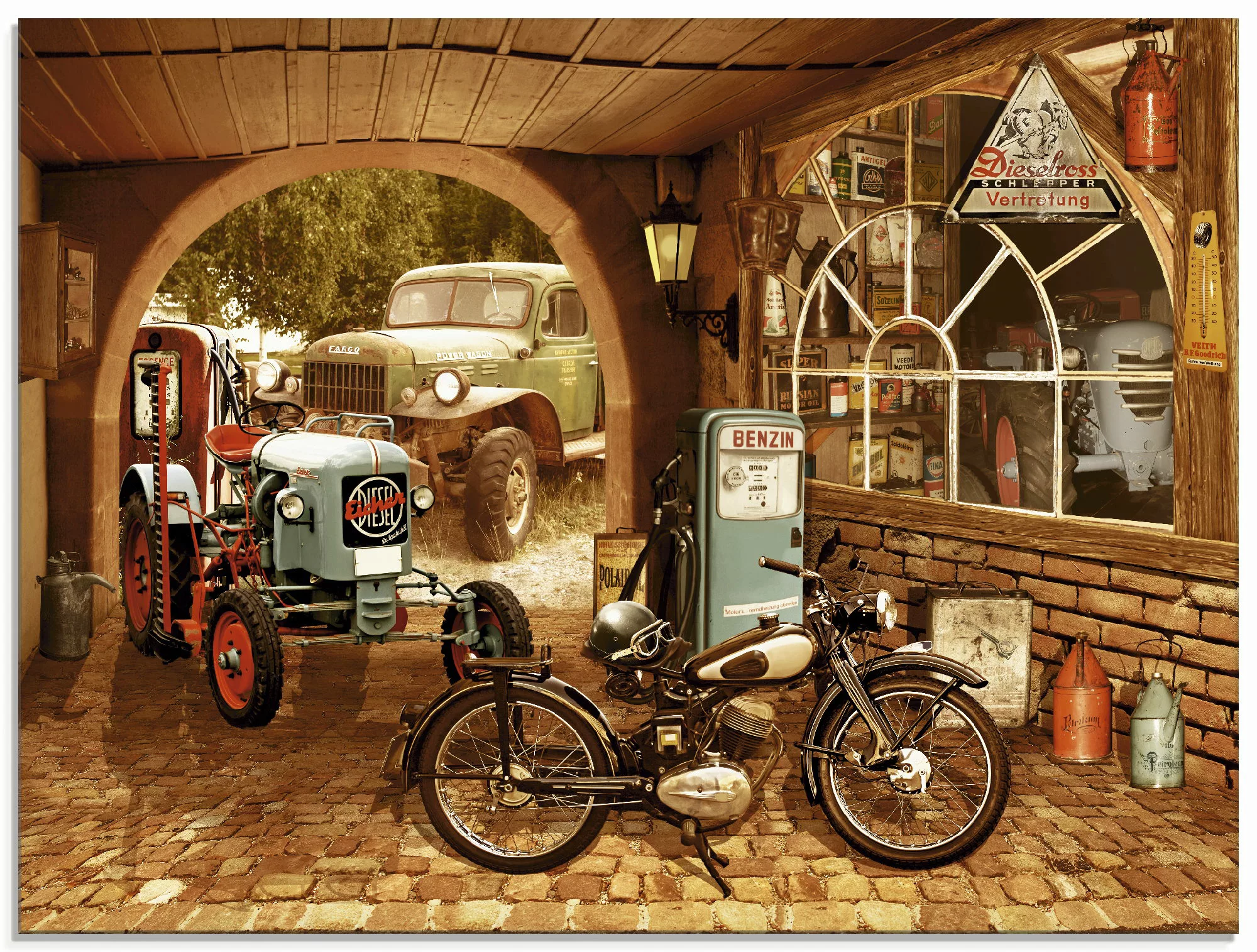 Artland Glasbild "Werkstatt mit Traktor und Motorrad", Traktoren, (1 St.), günstig online kaufen