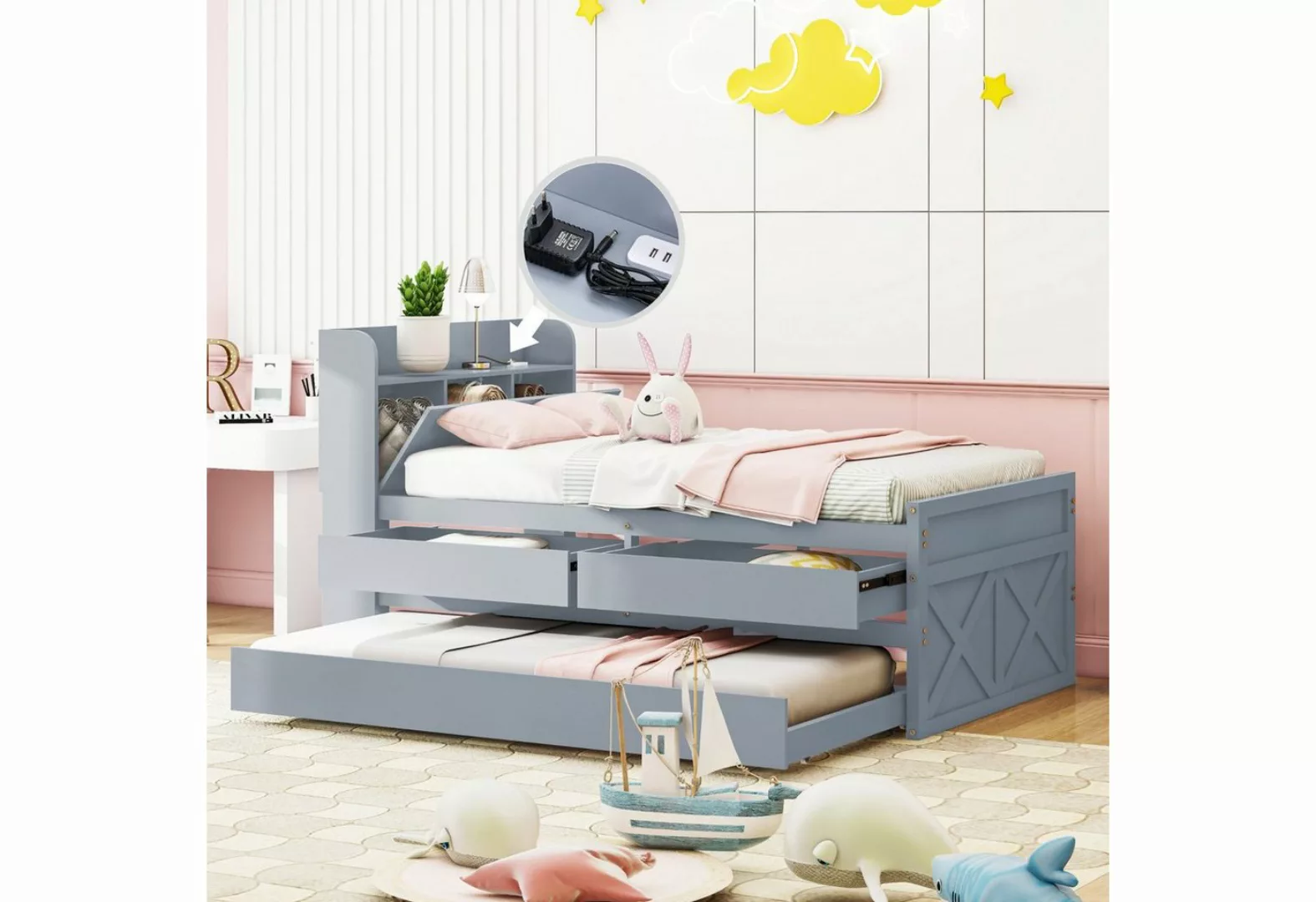 REDOM Stauraumbett Kinderbett mit ausziehbarer Schublade Lattenrost (Nachtt günstig online kaufen