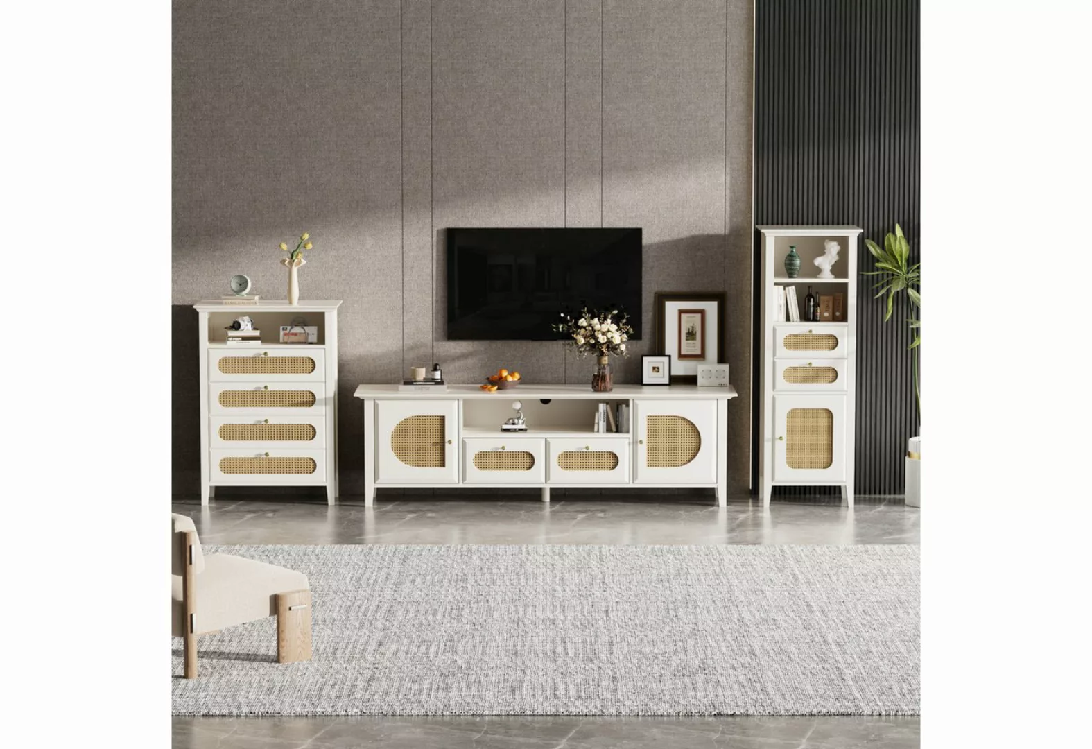 FUROKOY TV-Schrank Wohnzimmer-Rattan-Möbelkombination,Leicht zu montieren ( günstig online kaufen