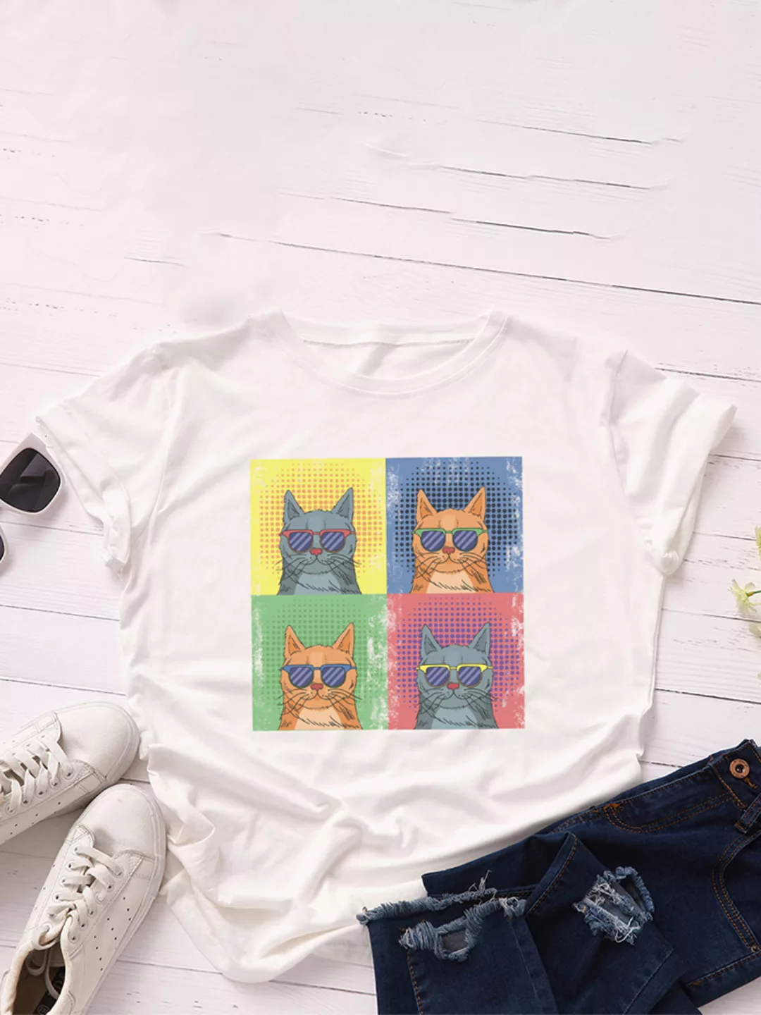 Cartoon Katze Bedrucktes Kurzarm-T-Shirt mit O-Ausschnitt für Damen günstig online kaufen